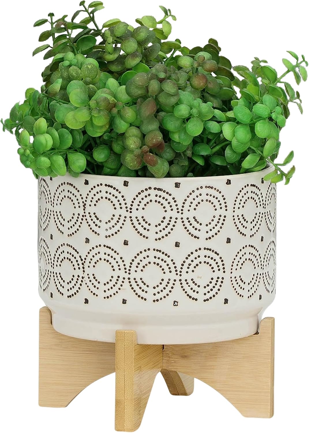 Sagebrook Home Ivory Ceramic Planter with Wooden Stand - Decorative Indoor/Outdoor Plant Pot - Modern Boho Home & Garden Decor - Stylish Round Flower Pot for Succulents & Herbs - 8", Ivory & Tan