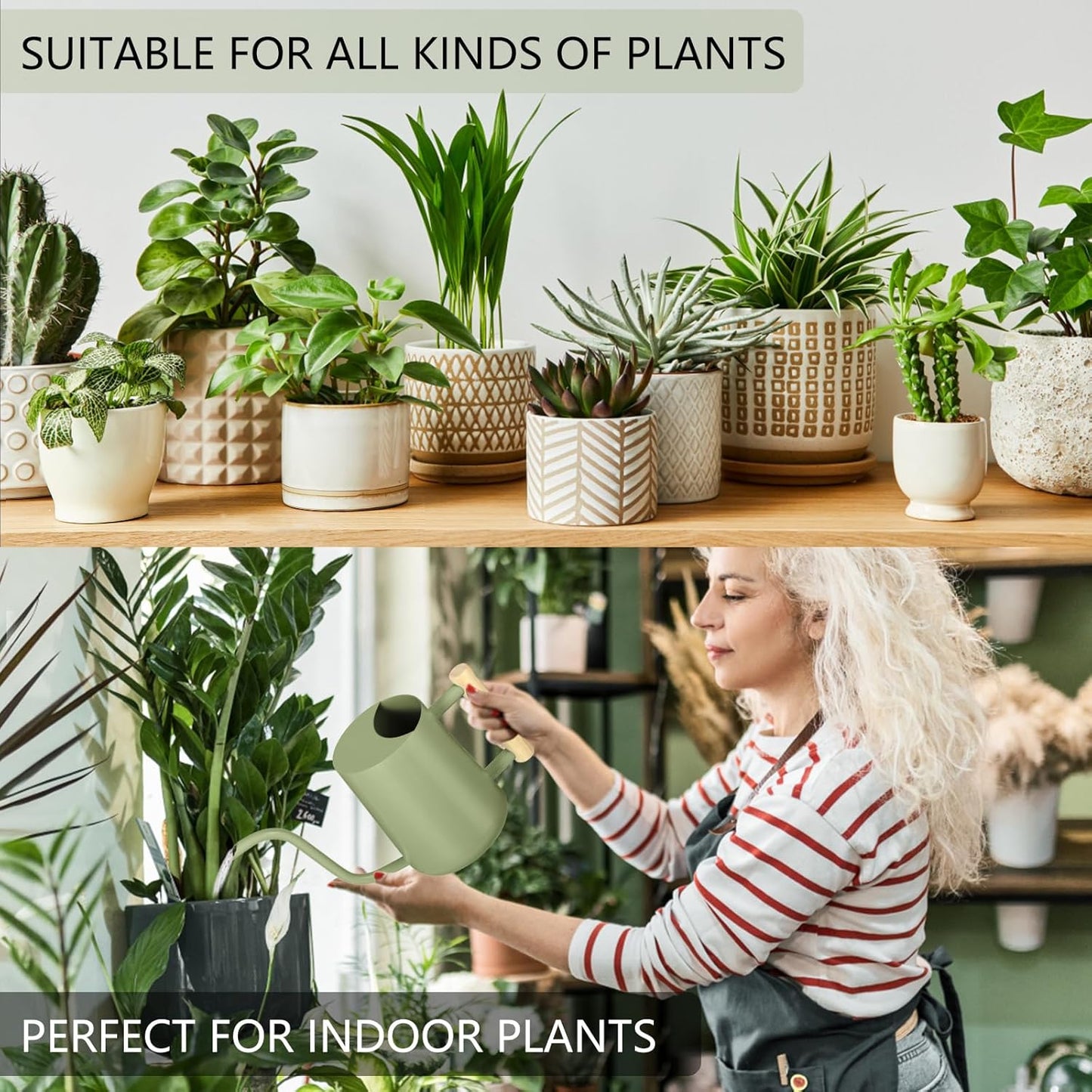 Watering Can Indoor Plants, 35oz Small Indoor Stainless Steel Metal Watering Can Modern Decorative Watering Pot with Long Spout for Indoor House Plant Bonsai Garden Flowers (Sage Green)