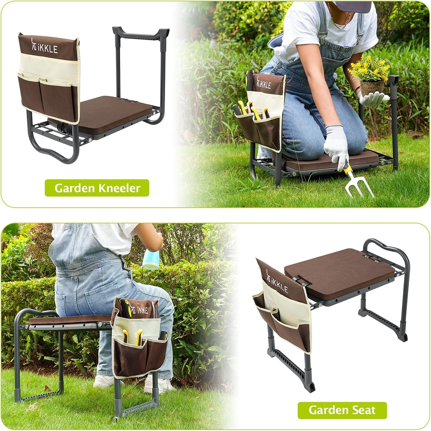 ikkle Garden Kneeler and Seat Gardening Stool Kneeler Folding Gardening Bench with Thicker Detachable Kneeling Pad and Tool Store Pouches (Brown)