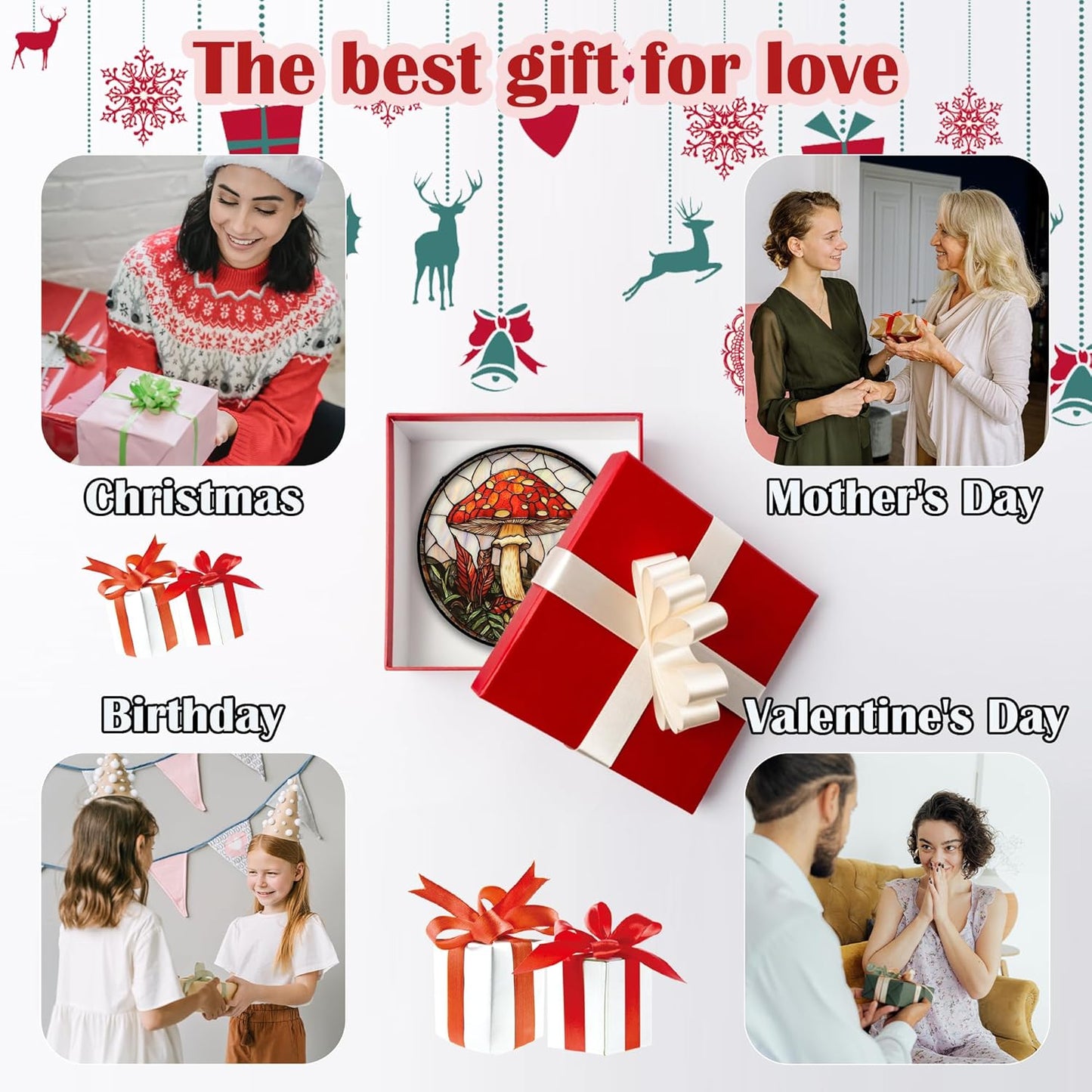 Stained Glass Window Hanging, Big Red Mushroom Suncatcher for Doors Home Sun Catchers Decoration and Christmas, Mother's Day Birthday Gifts for Women, Men, and Mom 14.9x14.9 in