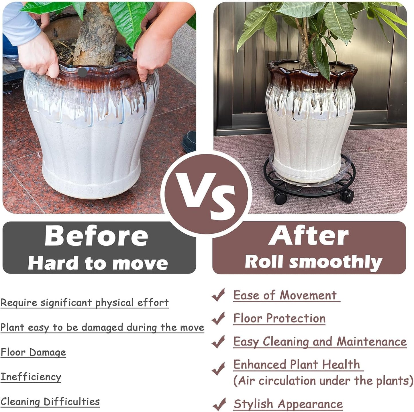 13.5" Metal Plant Caddy with Wheels 5 Packs Large Rolling Plant Stands Indoor Wheeled Plant Dolly Heavy-duty Planter Mover Roller Base Outdoor Plant Trolley Cart Water-proof, Plant Saucers on Wheels