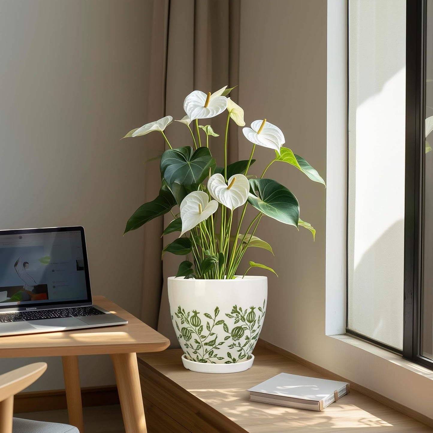 Ceramic Planter - 8.2 Inch Plant Pot for Indoor Outdoor Plants, Boho Round Ceramic Flower Pot with Drainage Hole and Saucer, Gifts for Plant Lovers, Home Garden Apartment Decor, White