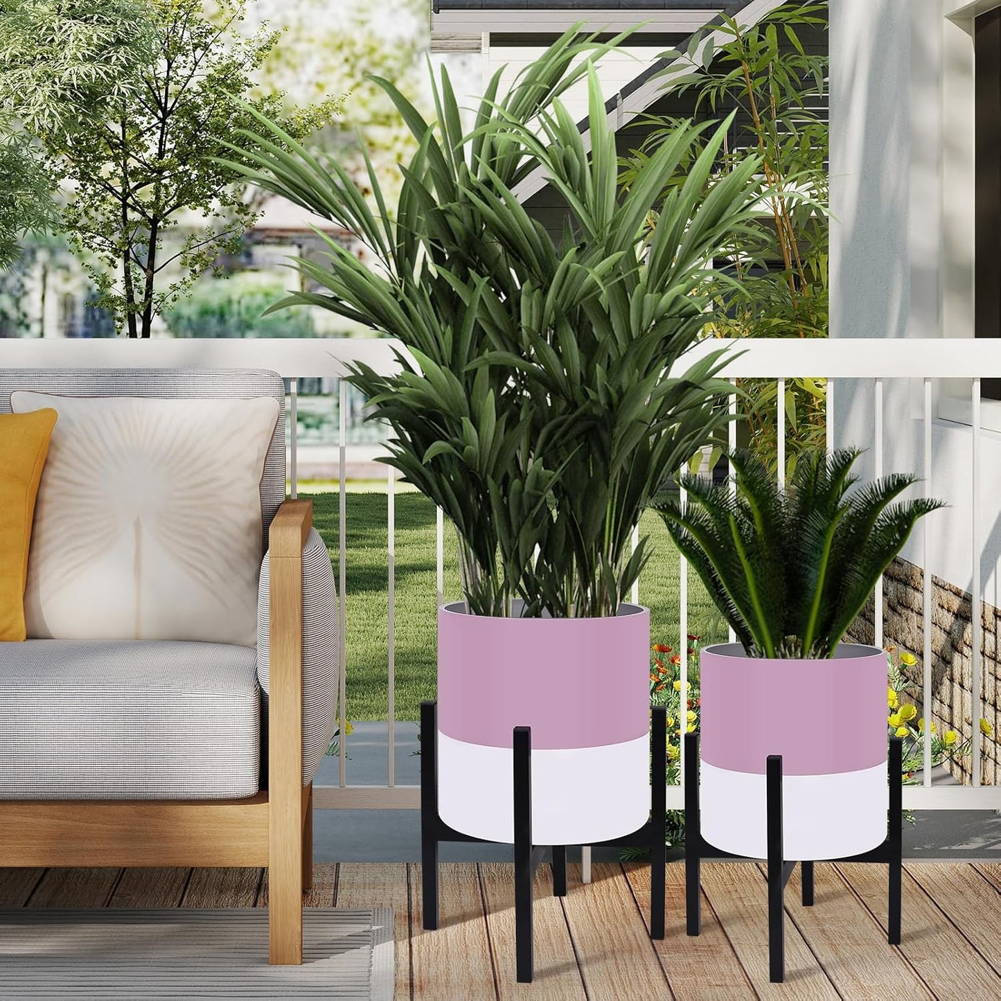 Planter with Stand Set of 2, Modern Plant Pots with Metal Legs Indoor,Flower Pots with Drainage Holes Matching Decorative Garden Pot for Living Room, Office, Garden, or Balcony 10 & 12 Inches