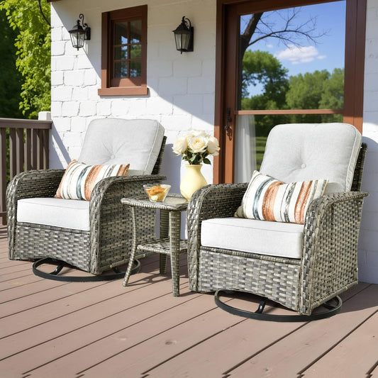 HOOOWOOO Patio Furniture Set,3 Pieces Outdoor Conversation Set,All Weather Wicker High Back Swivel Chairs Bistro Set with Side Table,Light Gray