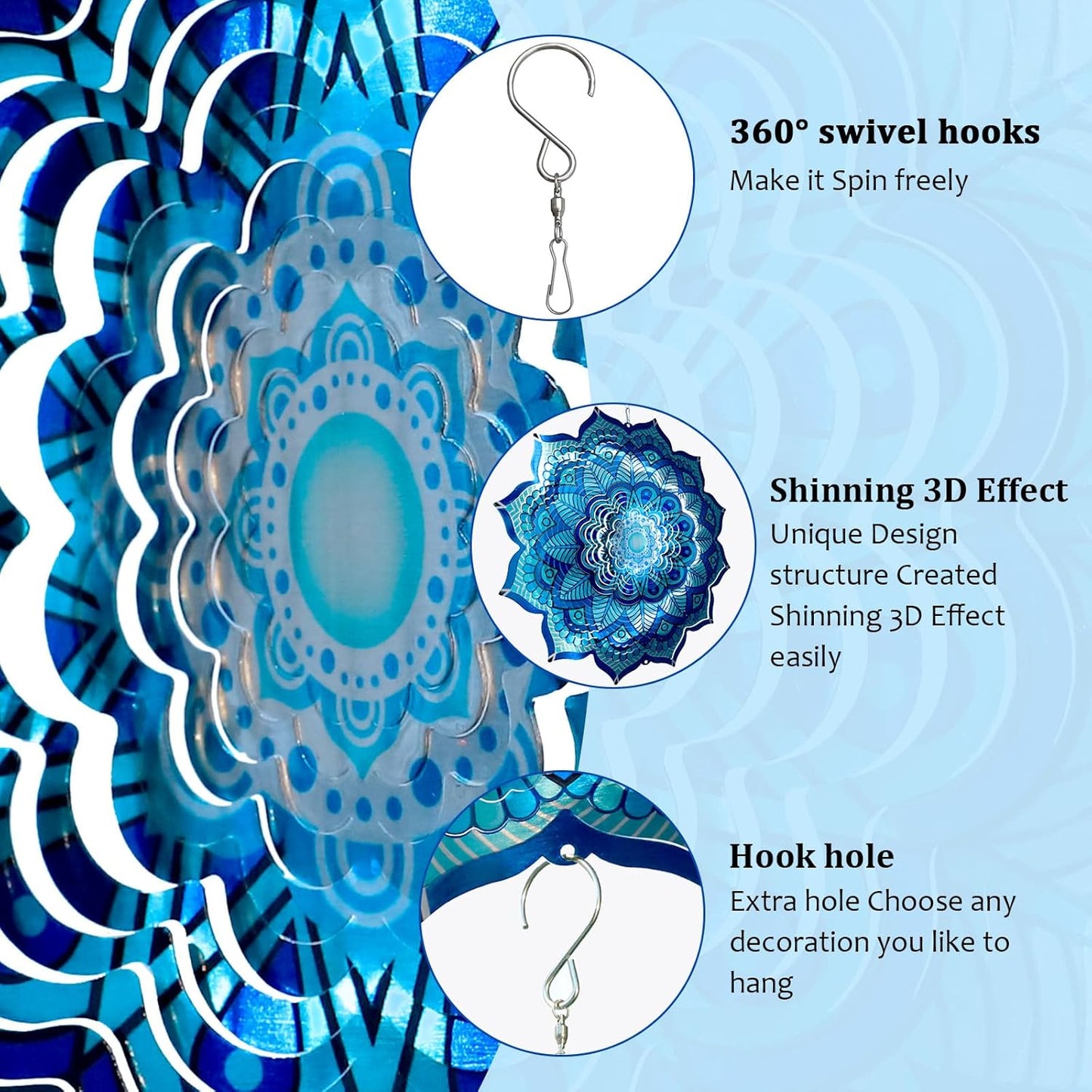 Goolyrusim Wind Spinner Mandala Rich Blue 12inch 3D Stainless Steel Wind Spinners Laser Cut Metal Hanging Wind Sculptures Kinetic Yard Art Decoration Garden Ornament Indoor/Outdoor Décor Worth Gift