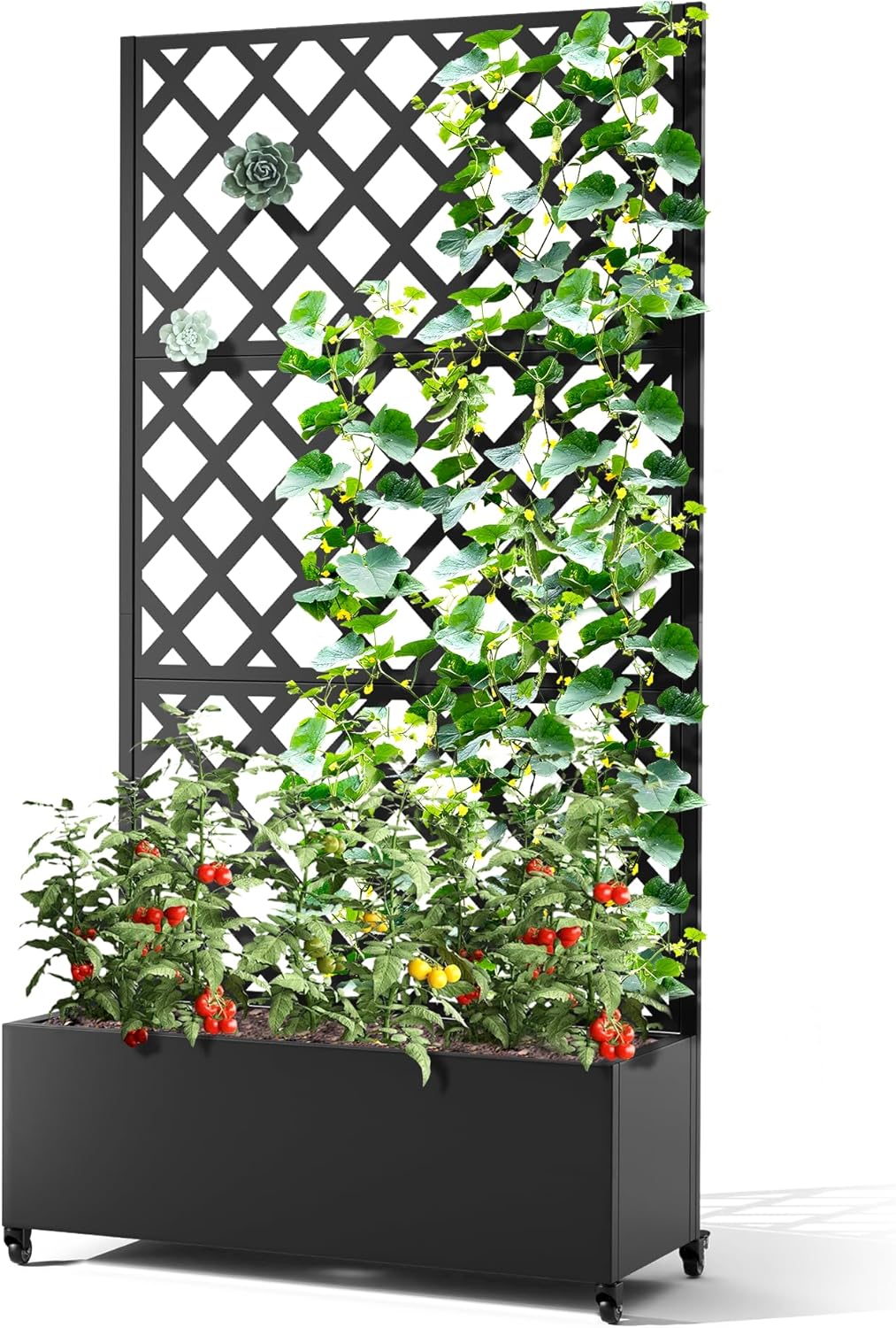 Metal Planter Box with Trellis & Wheels, Raised Garden Bed with Privacy Screen, Outdoor Standing Flower Beds with Drainage Hole for Climbing Plants, Vine, 35.4" L x 15.7" W x 70.9" H, Black