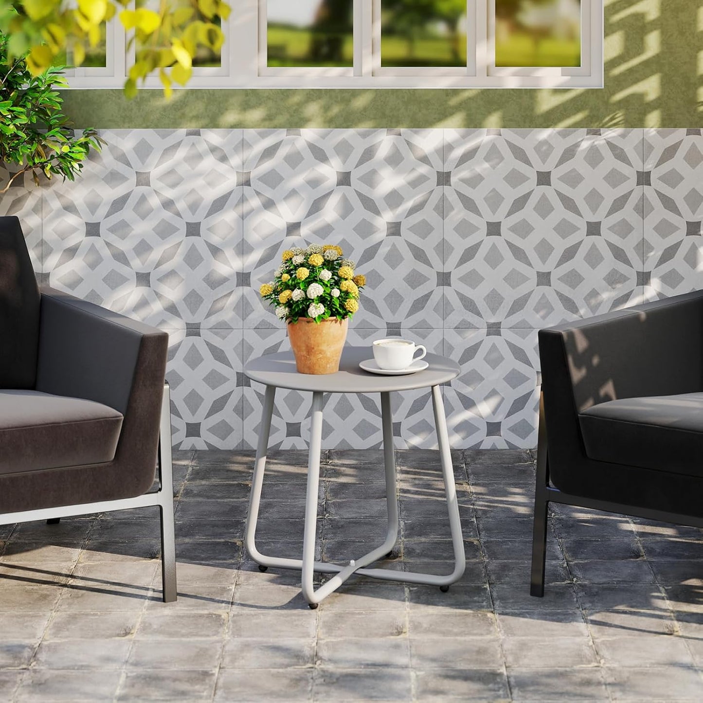 HollyHOME Round Metal Side Table, Rust-Resistant Patio Small Plant Stand, Outdoor 17.32'' Portable End Table for Balconies, Gardens, Living Rooms and Bedrooms, Grey