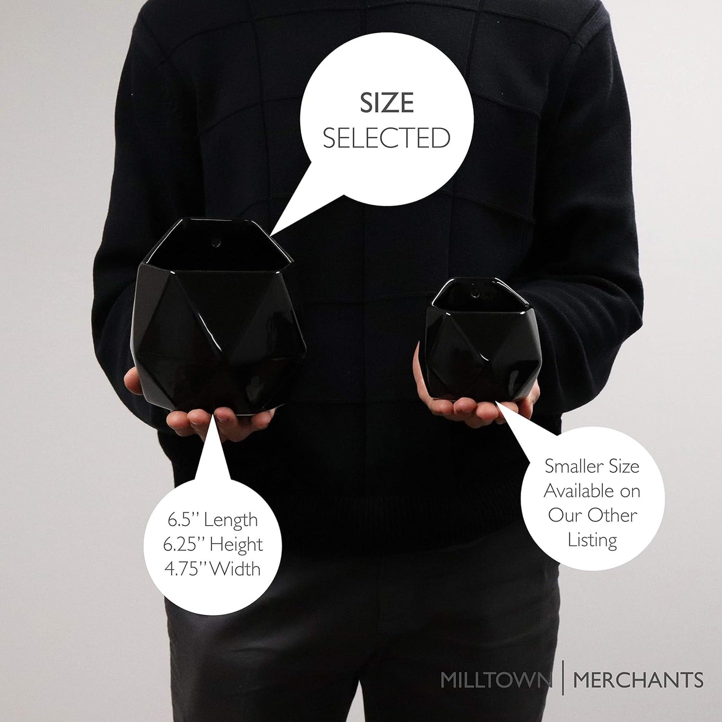 Milltown Merchants Succulent Wall Planters - Ceramic Wall Mounted Planters - Succulent Plant Pots - Hanging Vases (1 Pack/Geometric/Black)