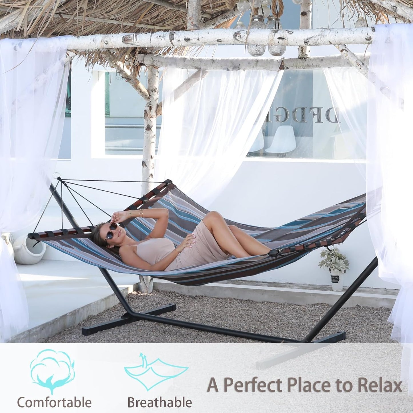 TegerDeger 12FT 2 Person Hammock Large Hammock Quick Dry 450LB Capacity with V Shaped Hardwood Spreader Bar & Nylon Rope for Outside, Patio, Garden, Backyard, Beach, Poolside - Brown Stripes