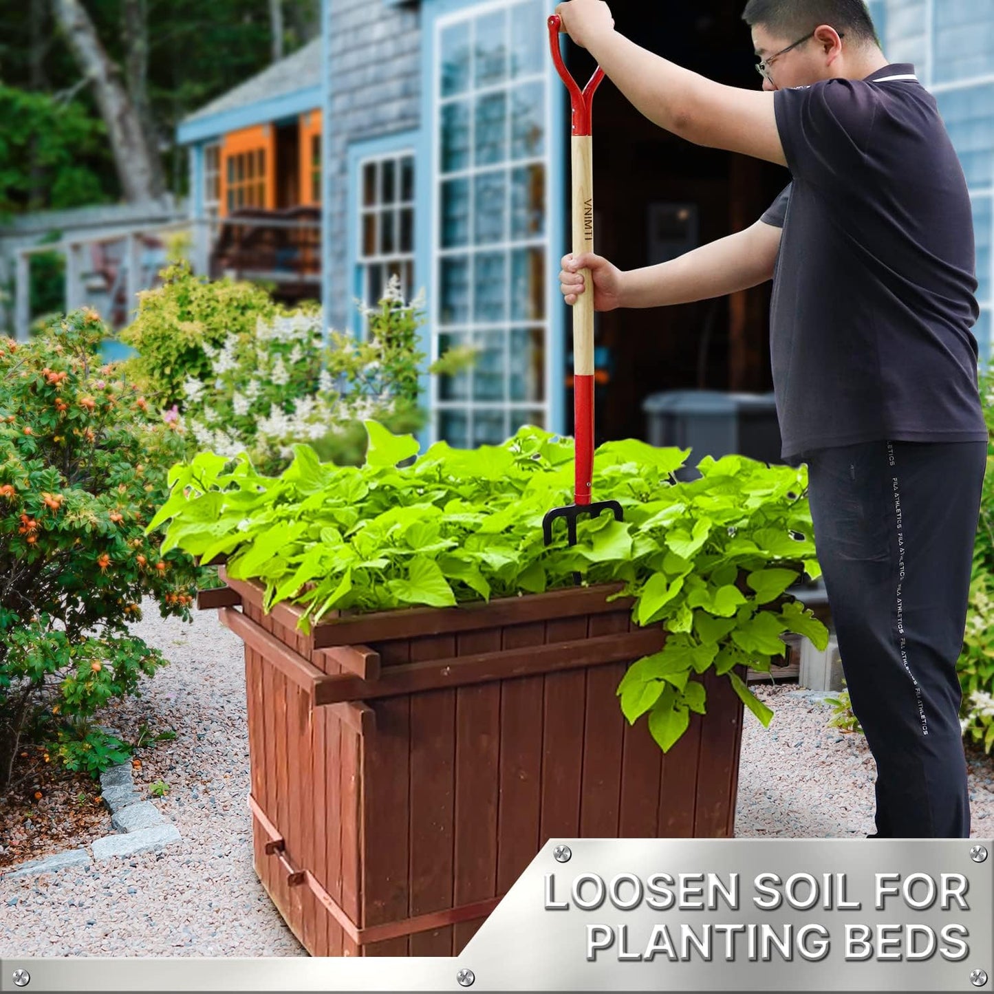 Garden Fork,4-Tine Spading Fork,Compost Fork,Steel Digging Fork,45Inch,Steel Y-Grip,Wooden Handel