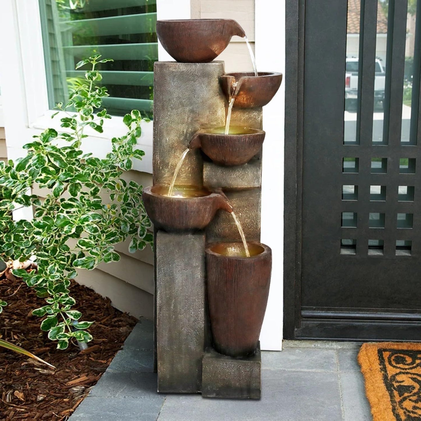 SunJet 5-Tier Cascading Indoor/Outdoor Water Fountain with LED Lights - 39.7" High Large Waterfall Floor Standing Fountain for Garden, Patio, Yard, and Deck Decor - Relaxing Outdoor Water Feature