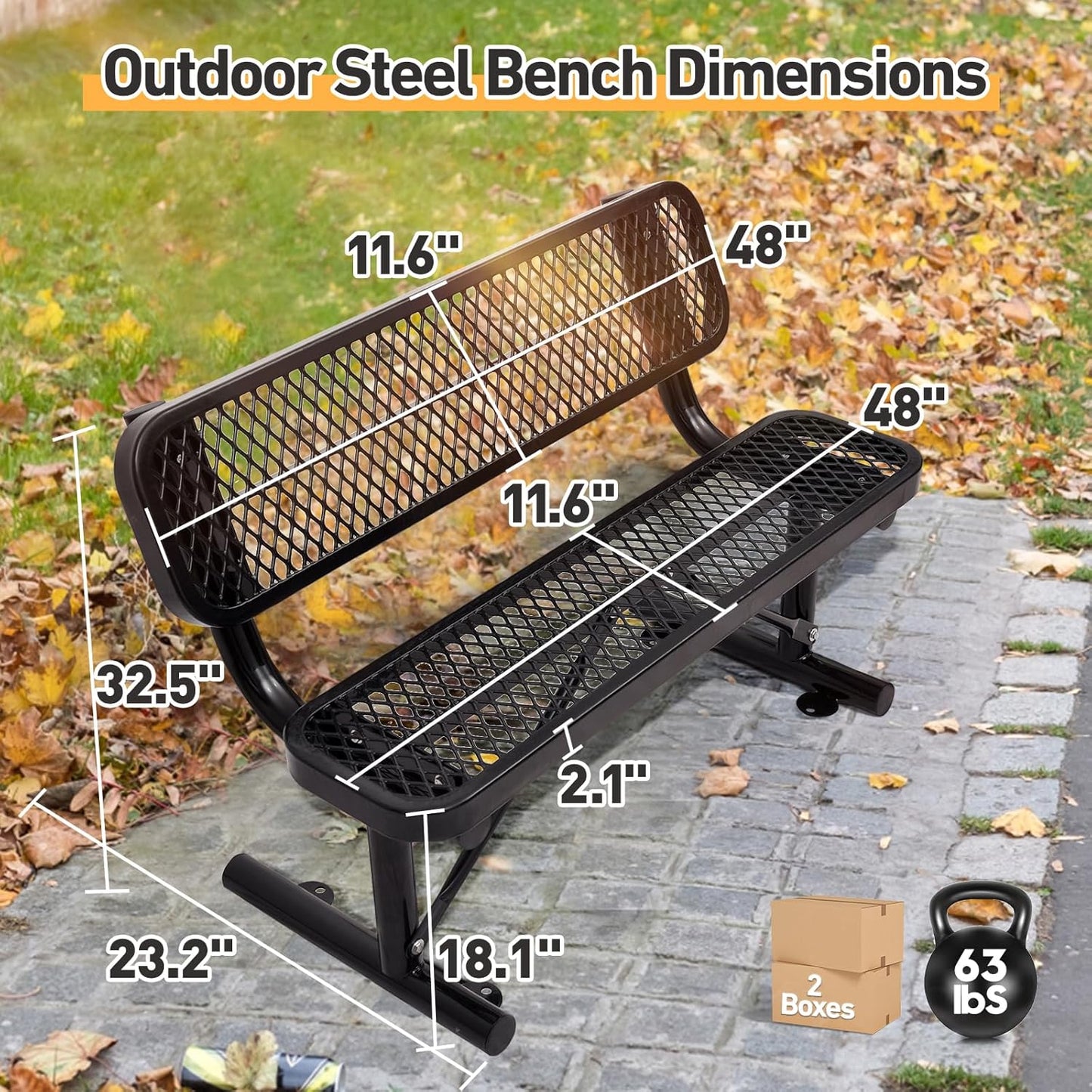 4Ft Outdoor Bench with Back Portable Frame, Outdoor Steel Park Bench with Backrest, Expanded Metal Mesh Bench for Outside, Lawn, Backyard, Park, Deck, Garden, Patio, Porch, Black