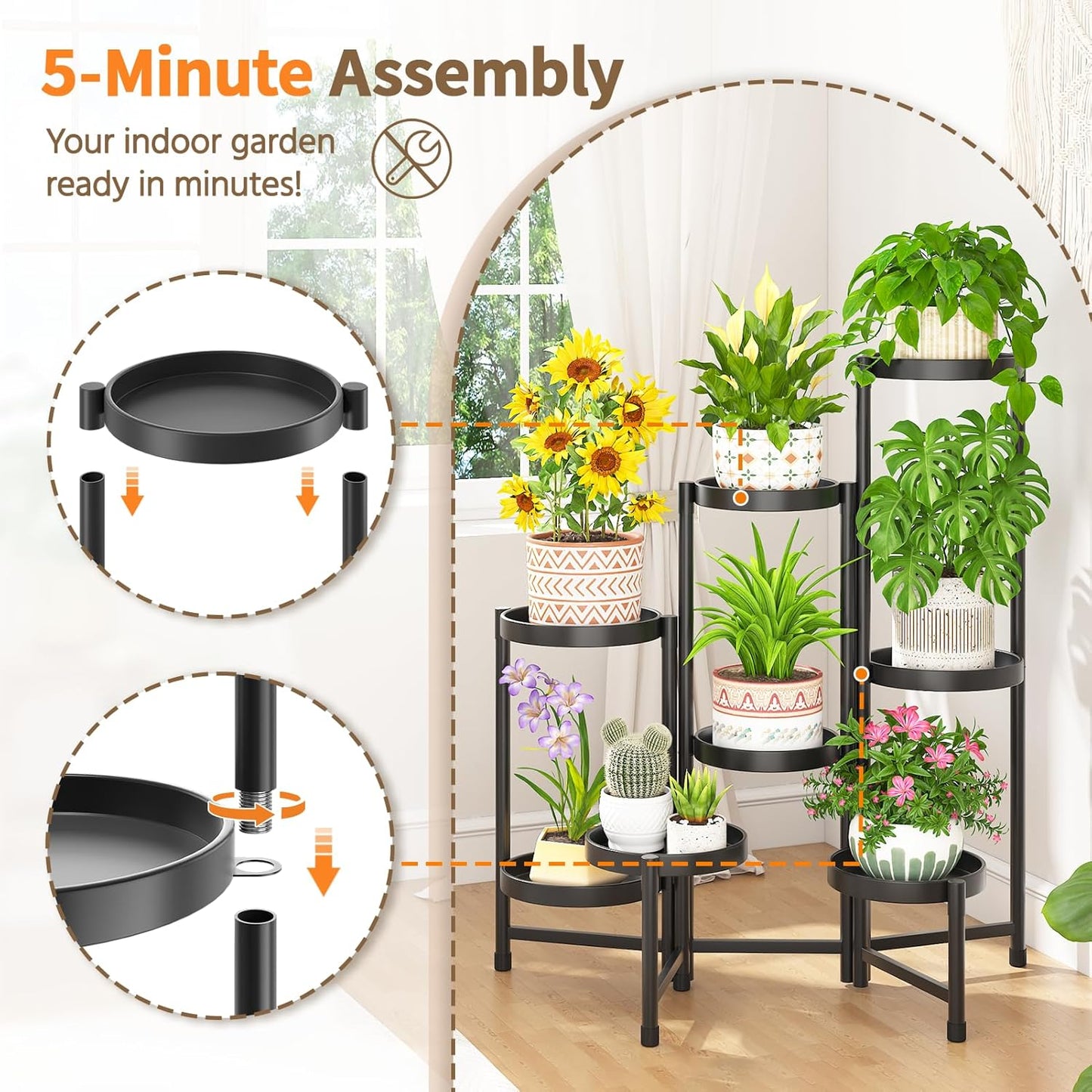 LASZOLA 8 Tiered Folding Plant Stand Indoor for Multiple Large Planter, Tall Heavy Duty Adjustable Rack with Rust Proof 10 Inch Wide Tray, Sturdy Vertical Tree Organizer for Narrow Inside Floor, Black