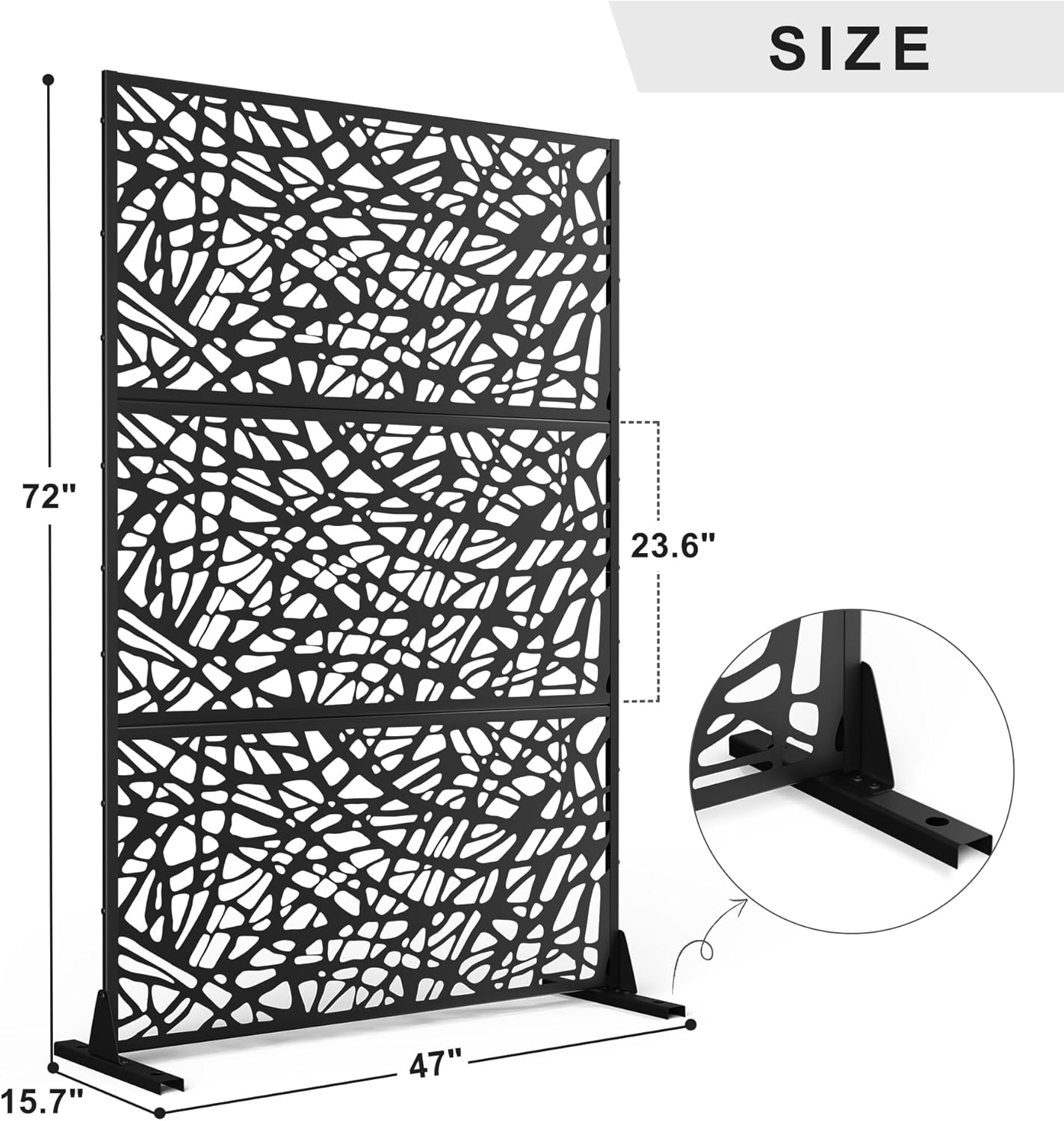 Metal Privacy Screen Outdoor 72" H×47" W,Freestanding Decorative Privacy Screen for Balcony Yard&Garden,Privacy Fence-Black&Net