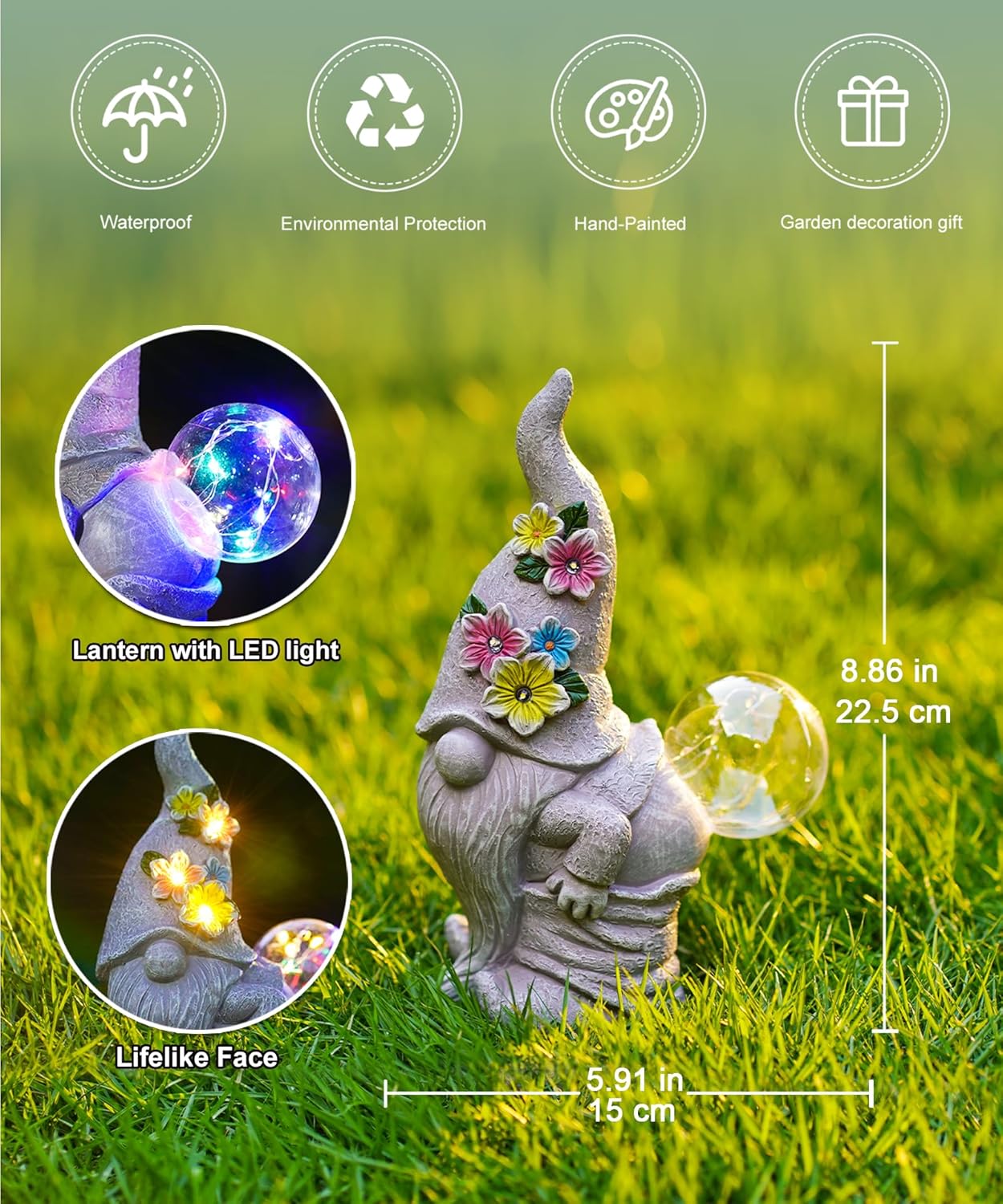 Funny Garden Gnome Statue with Lights, Outdoor Sculpture Decor for Home Yard Lawn Porch Balcony Patio,Gardening Gifts for Women Mom Grandma