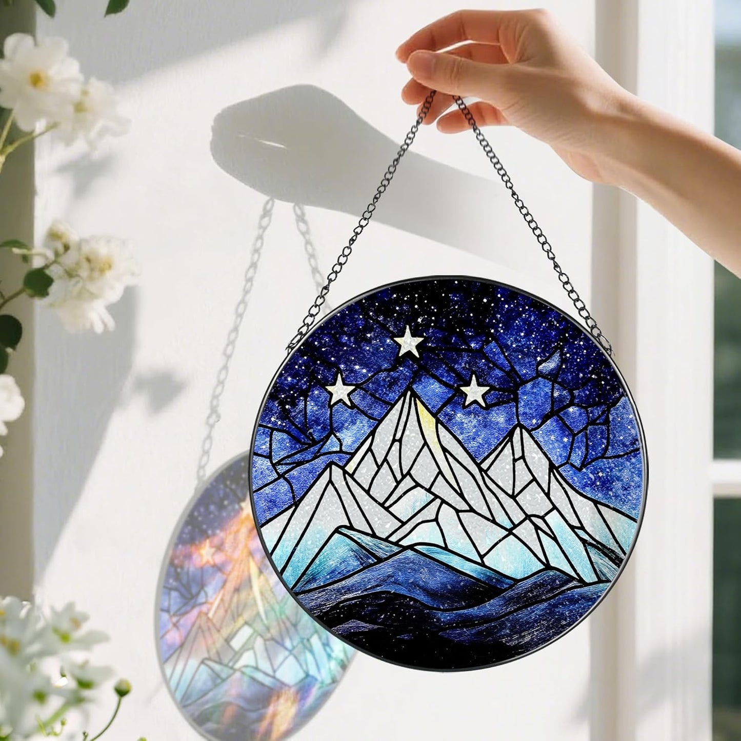 Stained Glass Window Hanging, Pauyadu 8 Inch Stained Glass Suncatcher Ornament, Night Court Window Decor, Suncatchers for Windows Hanging, Nature Lovers Gifts, Gifts for Friend, Lover