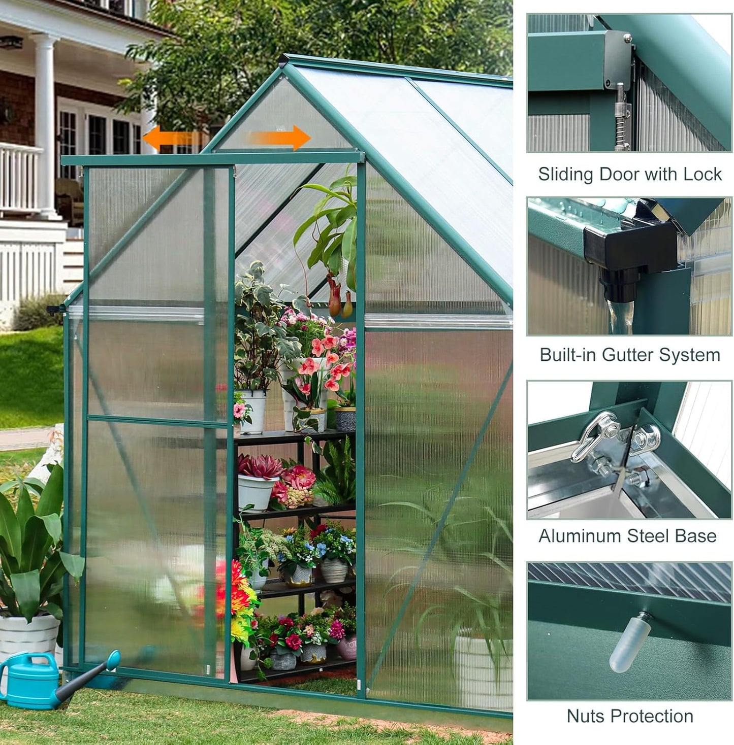 CDCASA 10.2x6.2 FT Greenhouse, Polycarbonate Greenhouses Heavy Duty Aluminum Greenhouse for Outdoors w/ Lockable Doors & 2 Vent Window Walk-in Green House Sunroom for Outside Backyard, Green