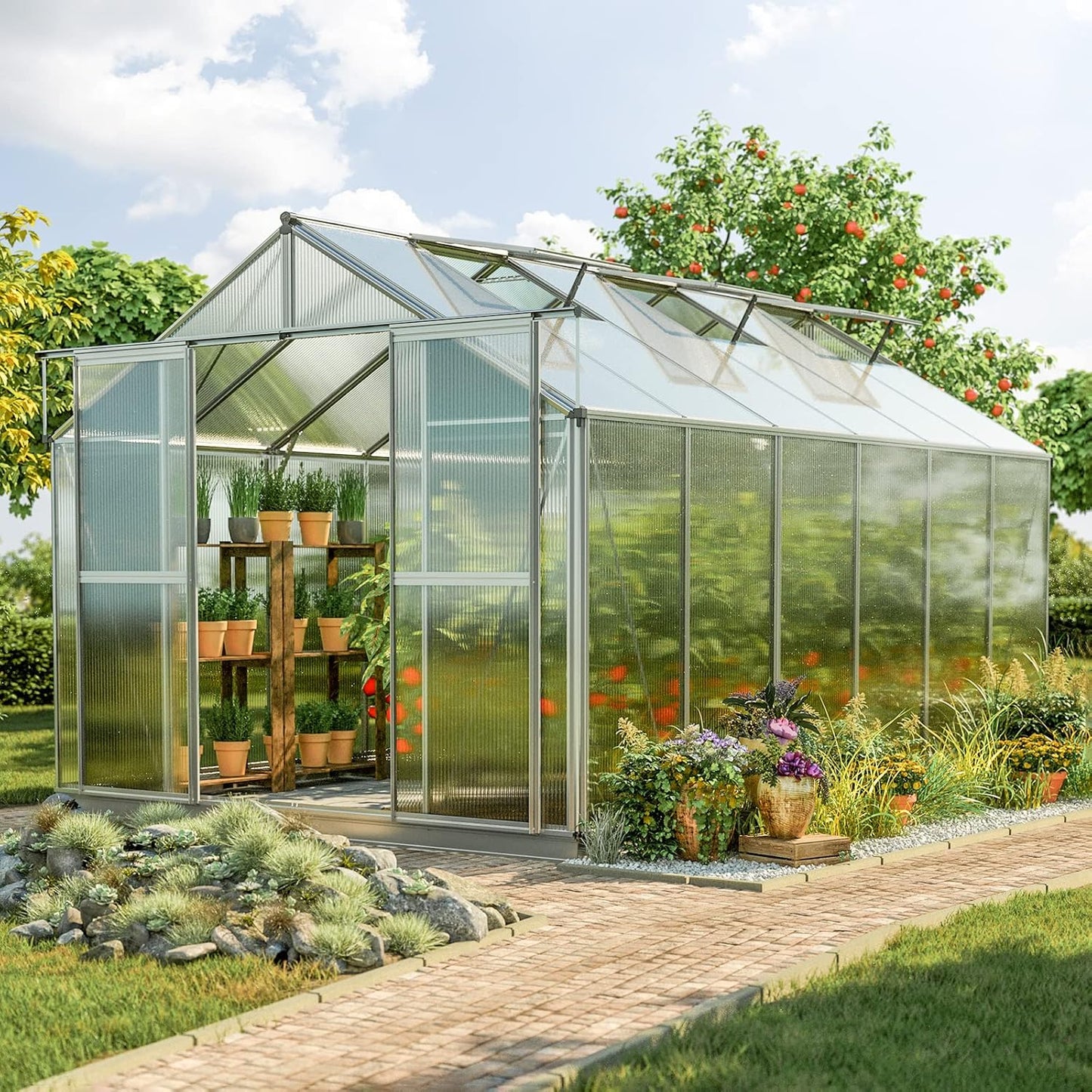 Greenhouse Topas 6 Aluminum Frame 7.4 x 12.6 ft Approx. 8 mm Polycarbonate Panels - with Bonus Base Frame and Automatic Vent Opener