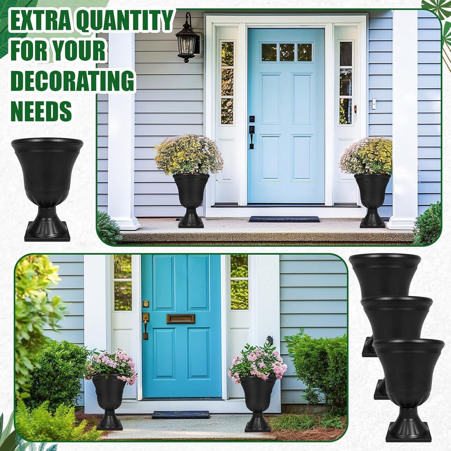 Dandat 4 Pack Large Outdoor Urn Planter 22 inch Tall Plastic Planter for Front Proch Classic Vase Decorative Garden Pot for Indoor Outdoor Door Patio Deck Decor(Black)