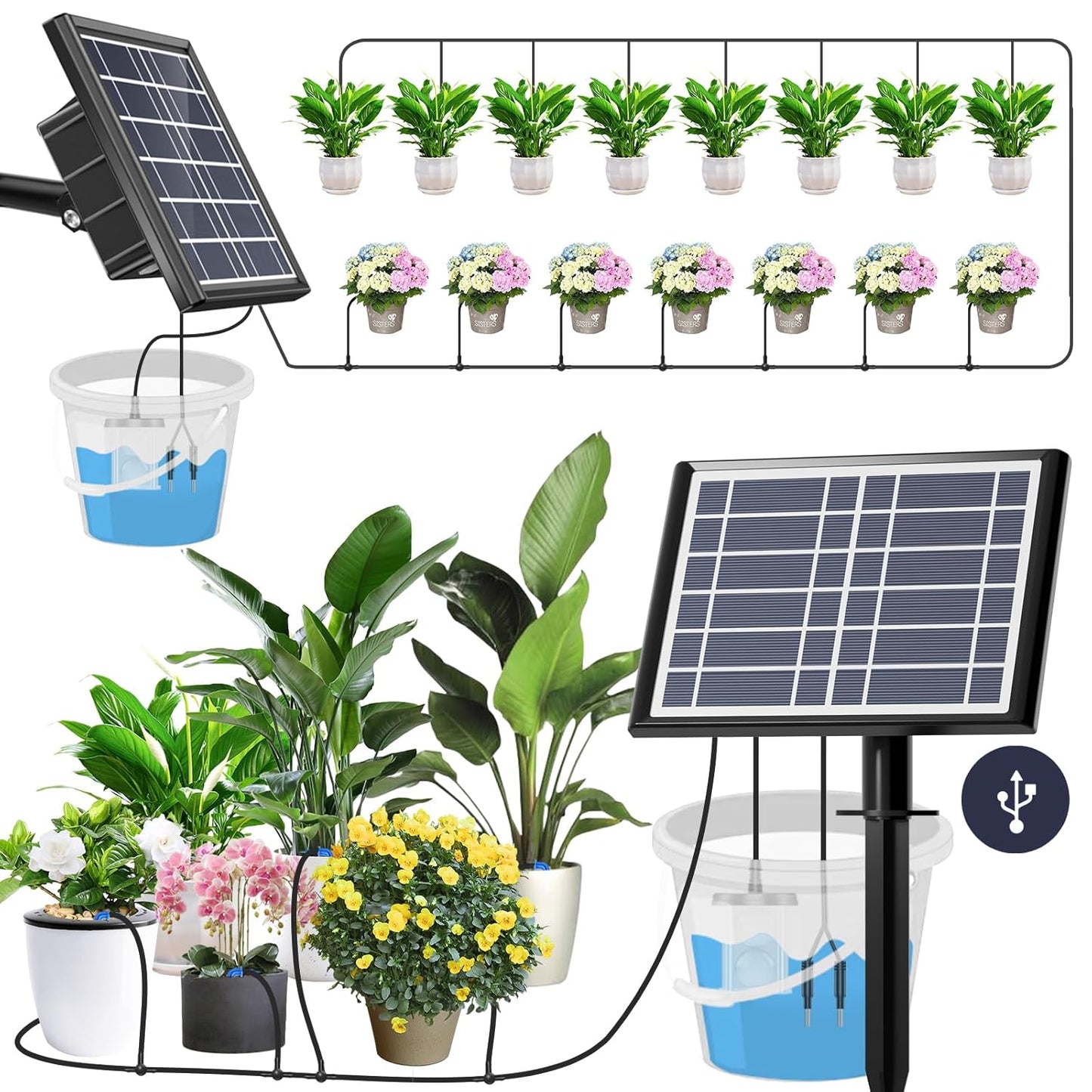 49FT Solar Drip Irrigation Kit System, 900ml/min Garden Watering System，3W 3000mAh Larger Capacity，Automatic Raised Bed Watering System for 15 Potted Plants