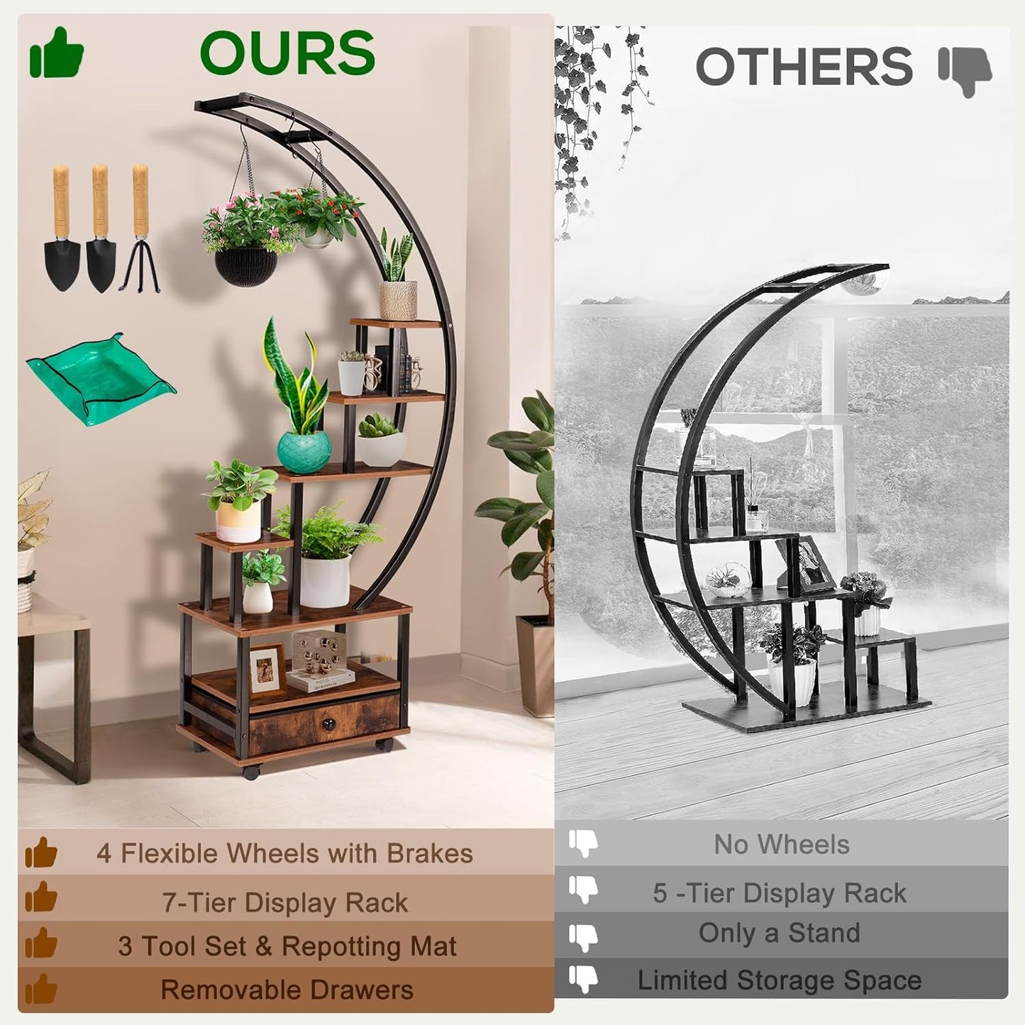 71” Tall 2 PCS Half Moon Indoor Plant Stand with Lockable Wheels, 14-Tier Plant Shelf with Drawer & Accessories, Plant Holder Display Rack for Multi-plants, Plant Rack for Balcony Living Room