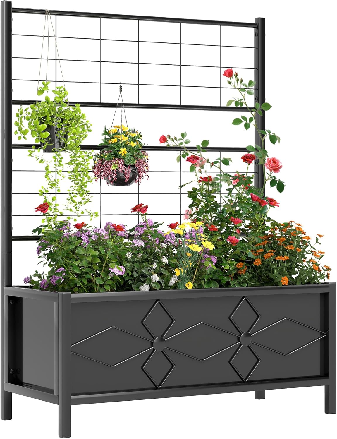 Outsunny Planter Box with Trellis, 35.4 x 15.7 x 47.2 inch Raised Garden Bed with Drainage Holes, Planters for Outdoor Plants, Vegetables, Flowers, Herbs, Trellis Planter, Black