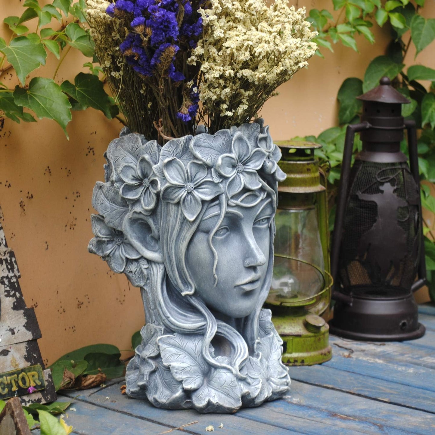 Sungmor Creative Goddess Head Planter Statue for Garden Ornaments | 9×9×14 Inch Premium Resin | Cool Face Large Diameter Flower Pot for Patio Lawn Garden Yard Decor