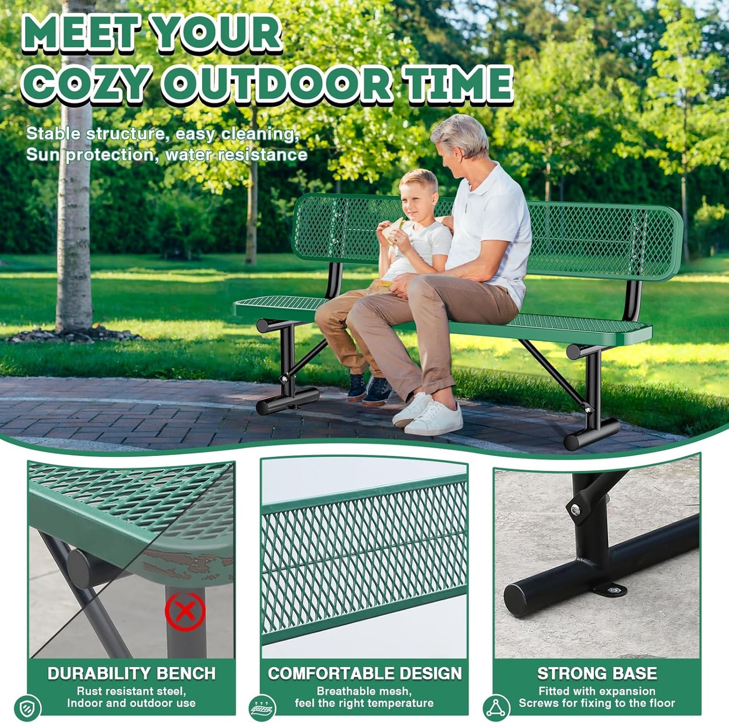 Heavy Duty Park Bench for Outside, Metal Park Bench with Back Portable Frame, Outdoor Steel Mesh Garden Bench with Backrest for Garden, Lawn, Patio, Porch, Park, Yard (Green, 6FT/73INCH)