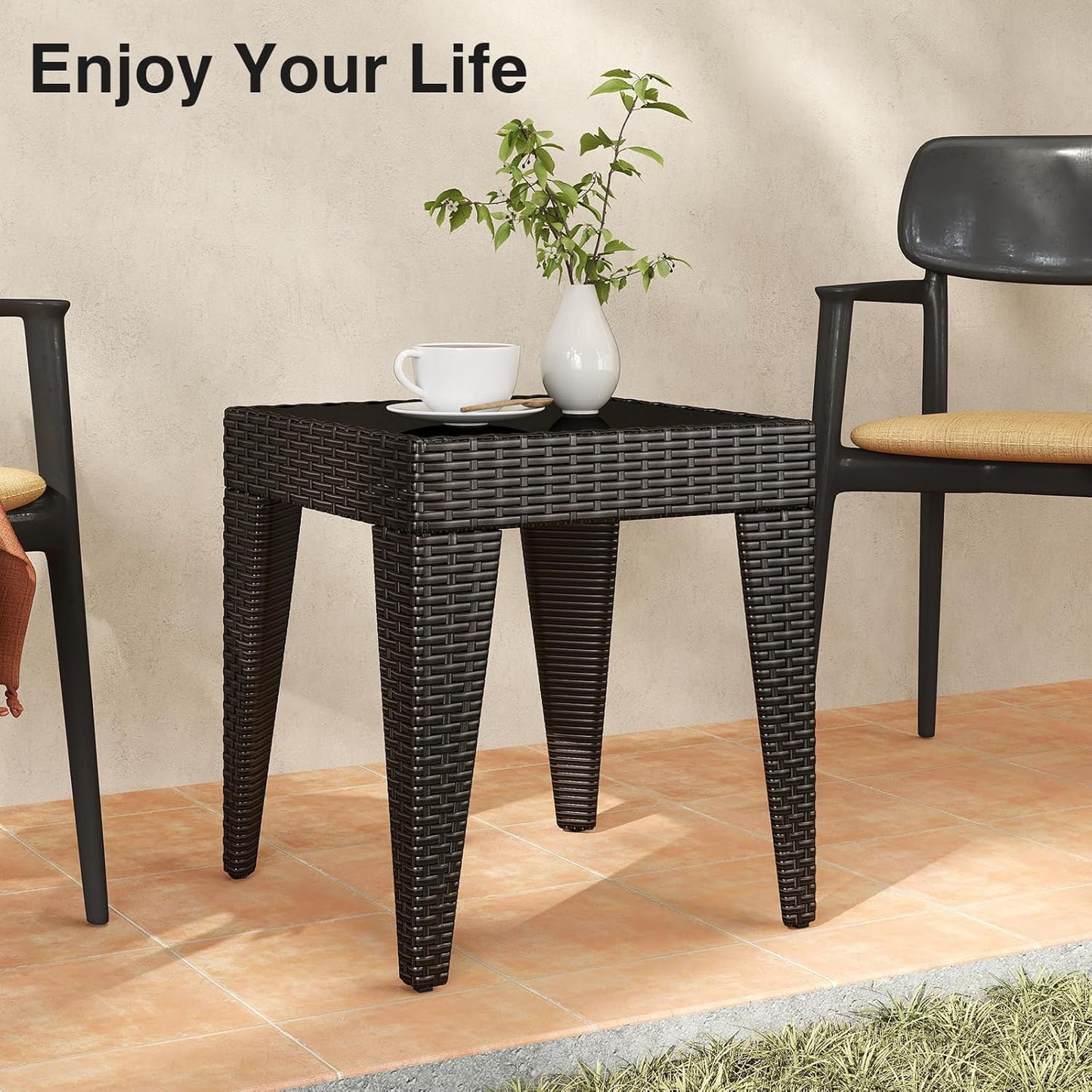 Outdoor Small Patio Table - PE Rattan Coffee Table, Wicker Side Table for Patio, Balcony & Porch, Durable & Iron Frame (1, Rattan Black)