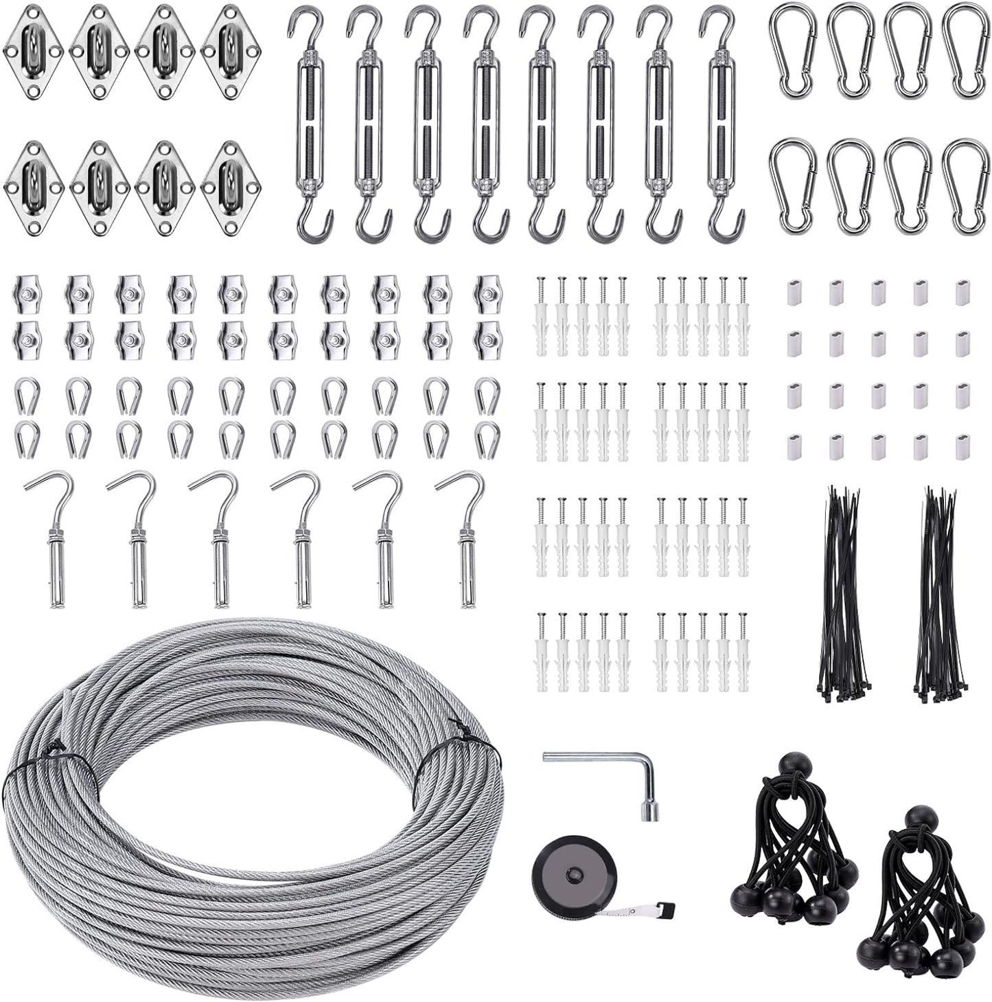 Shade Sail Hardware Kit 6 inch with 131FT 1/8" Wire Rope Kit for Triangle Rectangle Sun Shade Sail Outdoor Installation turnbuckles for Cables Wire for Outdoor,Garden,Kitchen,Craft,243PCS
