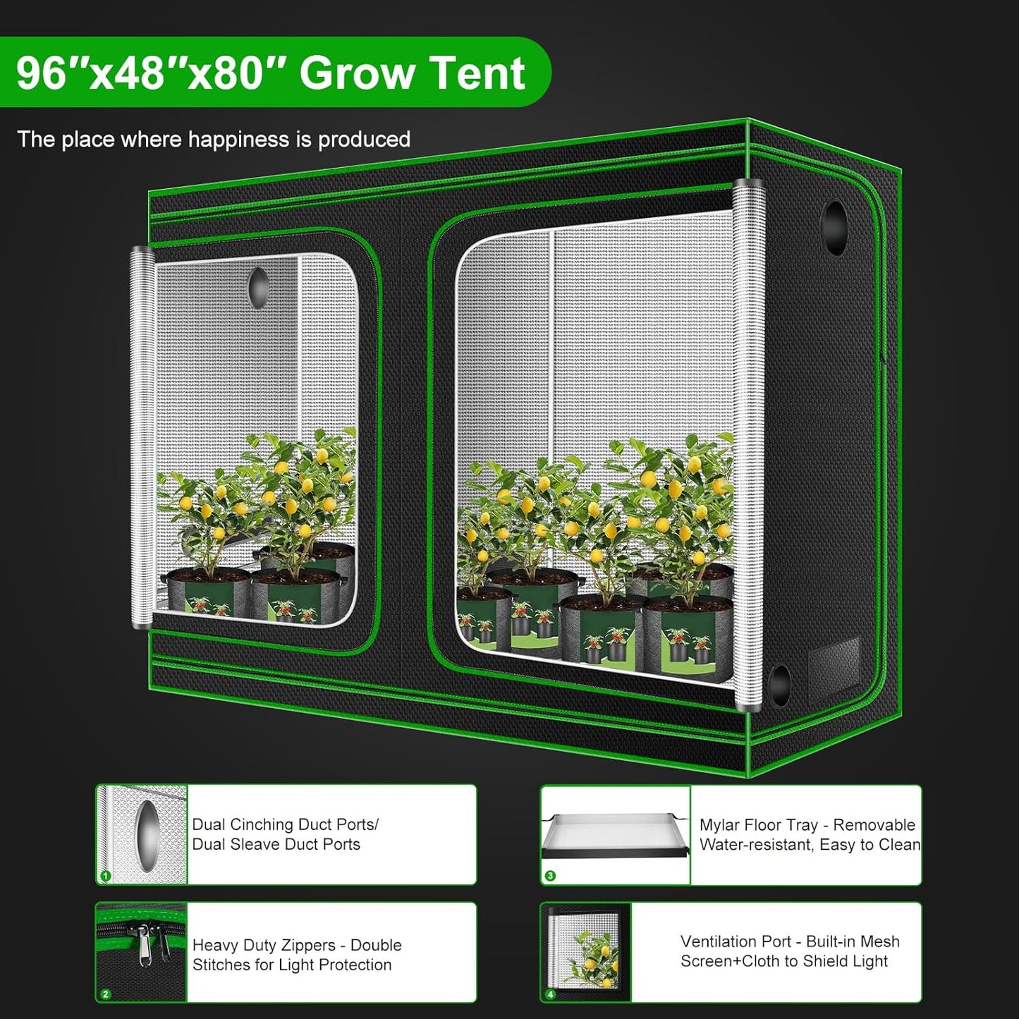 MELONFARM 4x8 Grow Tent, 96"x48"x80" High Reflective 600D Diamond Mylar Canvas with Observation Window and Floor Tray for Hydroponic Indoor Plant Growing