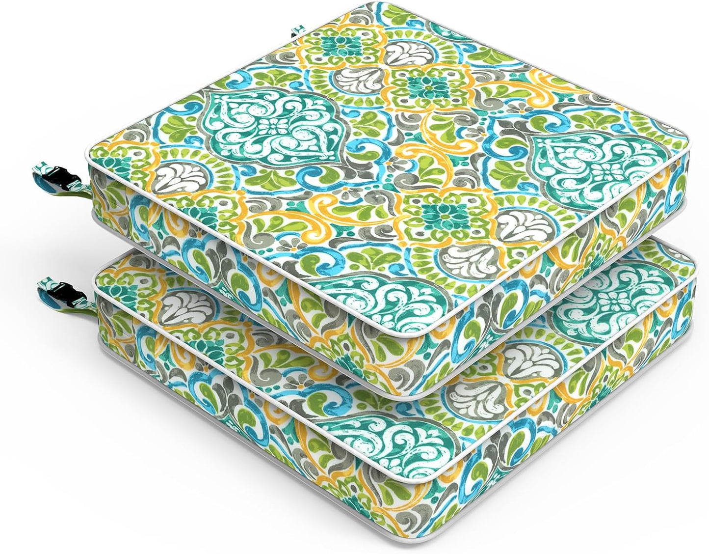 LVTXIII Patio Chair Cushions 19"x19"x3", Water-Repellent Outdoor Seat Cushions for Patio Furniture, Square Chair Pads with Ties for Home Garden Decoration, Set of 2, Damask Green