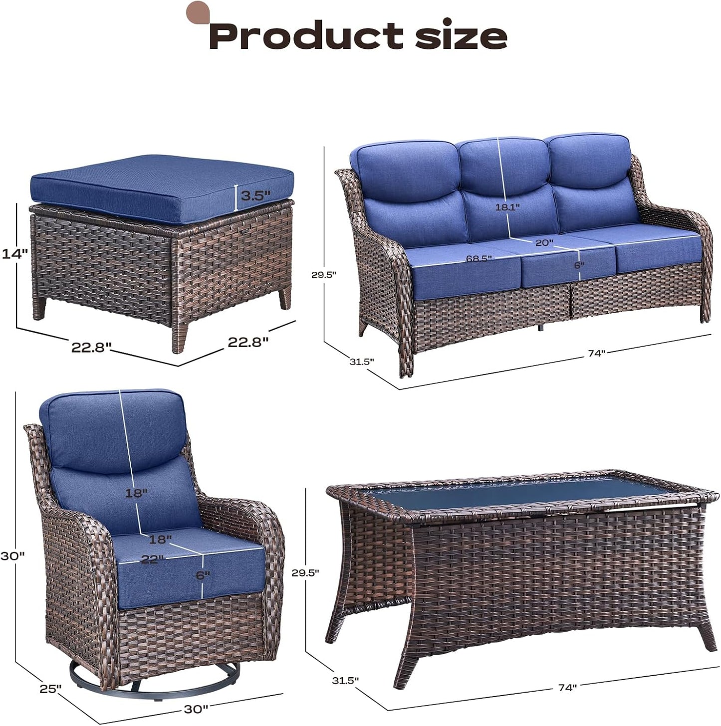 Wicker Outdoor Patio Furniture Set - 8 Piece Patio Conversation Sets with Swivel Rocker Chairs, Ottomans, Sofa and Coffee Table, 6 inch Cushions, Deep Seating, for Porch Deck Brown/Blue