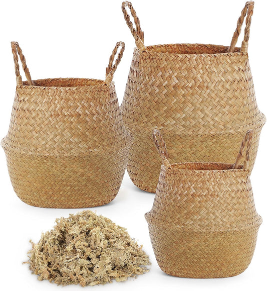 3 Pack Large Wicker Plant Basket with Handle 10 Inch Woven Seagrass Belly Basket and Artificial Moss for Plants Picnic Grocery Laundry House Storage Home Decor (Small,Medium,Large)