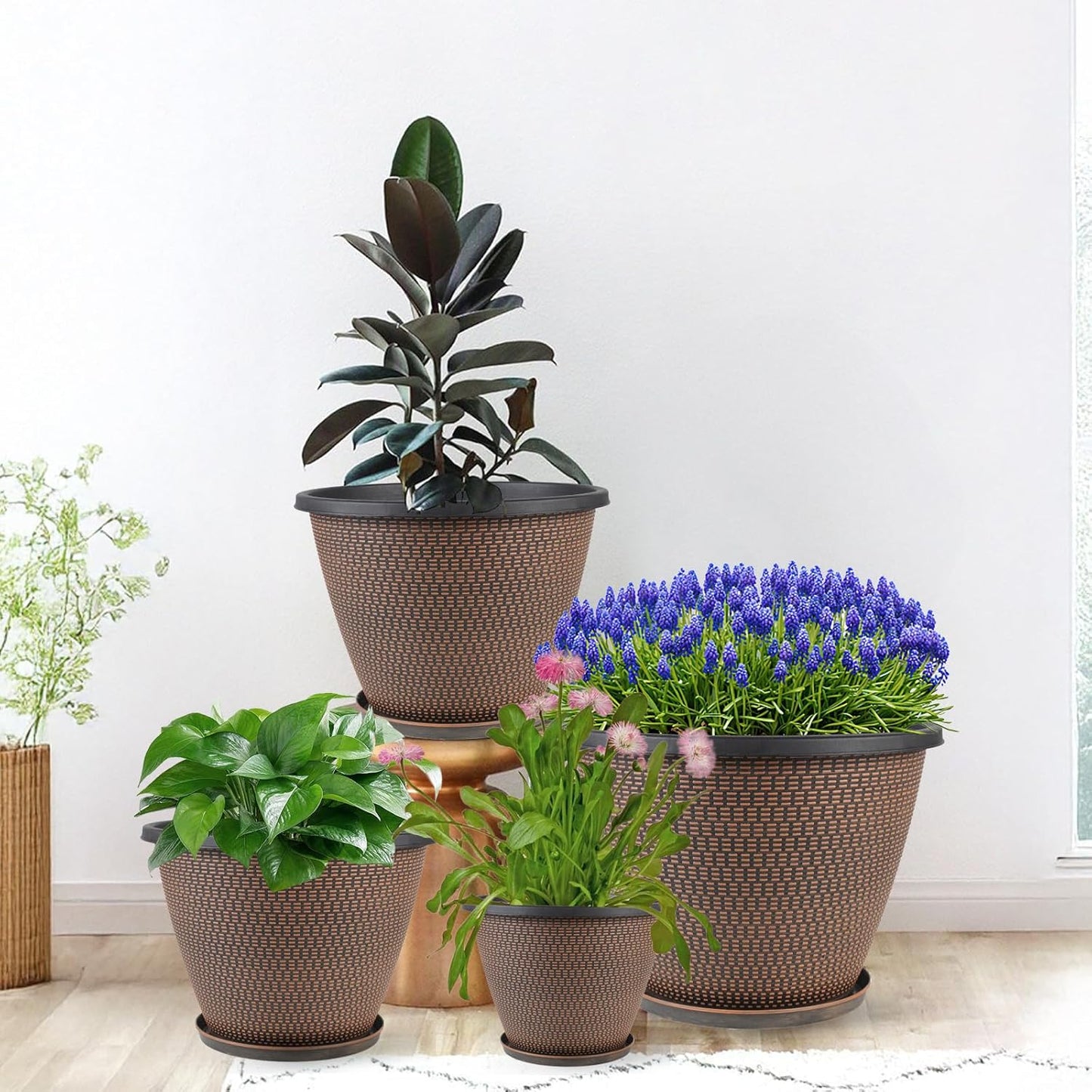 4 Pack 10 inch Plant Pot for Outdoor Indoor, Plastic Flower Pots with Drainage Holes & Saucers, Lightweight Large Outdoor Planter Pot, Imitation Knit Pots for Garden House Planters (Black Copper)