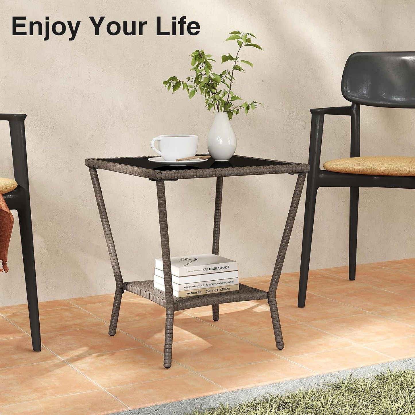 Outdoor Small Patio Table - PE Rattan Coffee Table, Wicker Side Table for Patio, Balcony & Porch, Durable & Iron Frame (1, Sesame Brown)