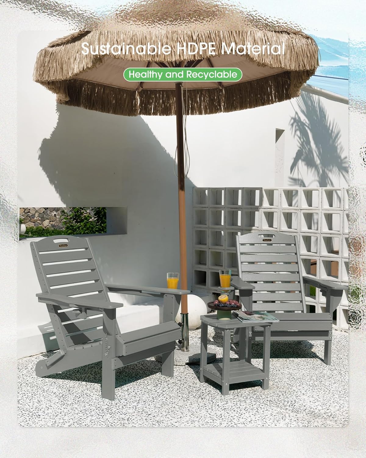 Adirondack Chairs Set of 2, Outdoor Fire Pit Chairs, HDPE All-Weather Adirondack Chairs with Cup Holder, Lawn Chair for Deck, Patio, Garden (Grey)