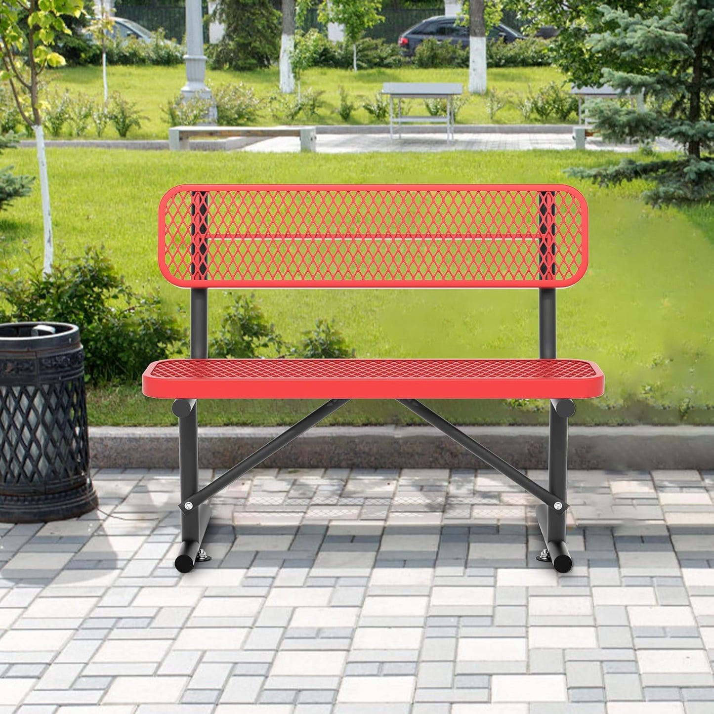 4/6/8 Feet Park Bench for Outside Heavy Duty Metal, Garden Benches Outdoor Bench with Backrest & Portable Frame, for Shopping Malls Stores Parks Patios Decks, Red
