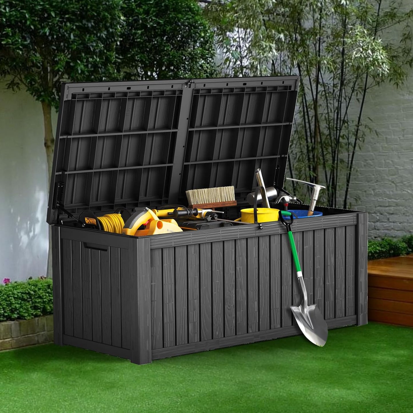 152 Gallon Deck Box Waterproof, UV Resistant Resin Outdoor Storage Box with Hydraulic Rod, Lockable Design and Enhanced Durability for Patio, Garden, and Poolside Use