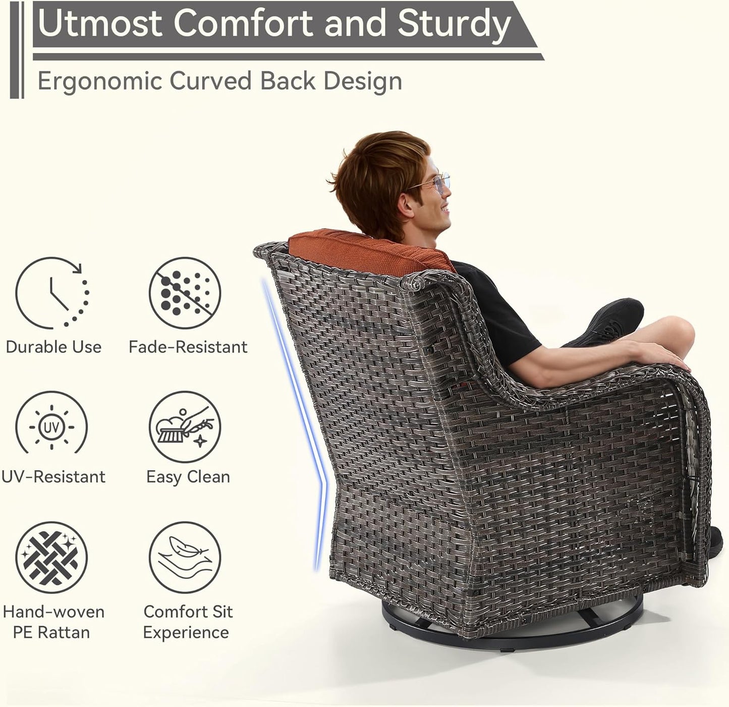 5 Piece Outdoor Patio Furniture Set Wicker Conversation Set Swivel Rocking Chairs with Side Table and Ottomans for Backyard, Porch, Deck, Orange