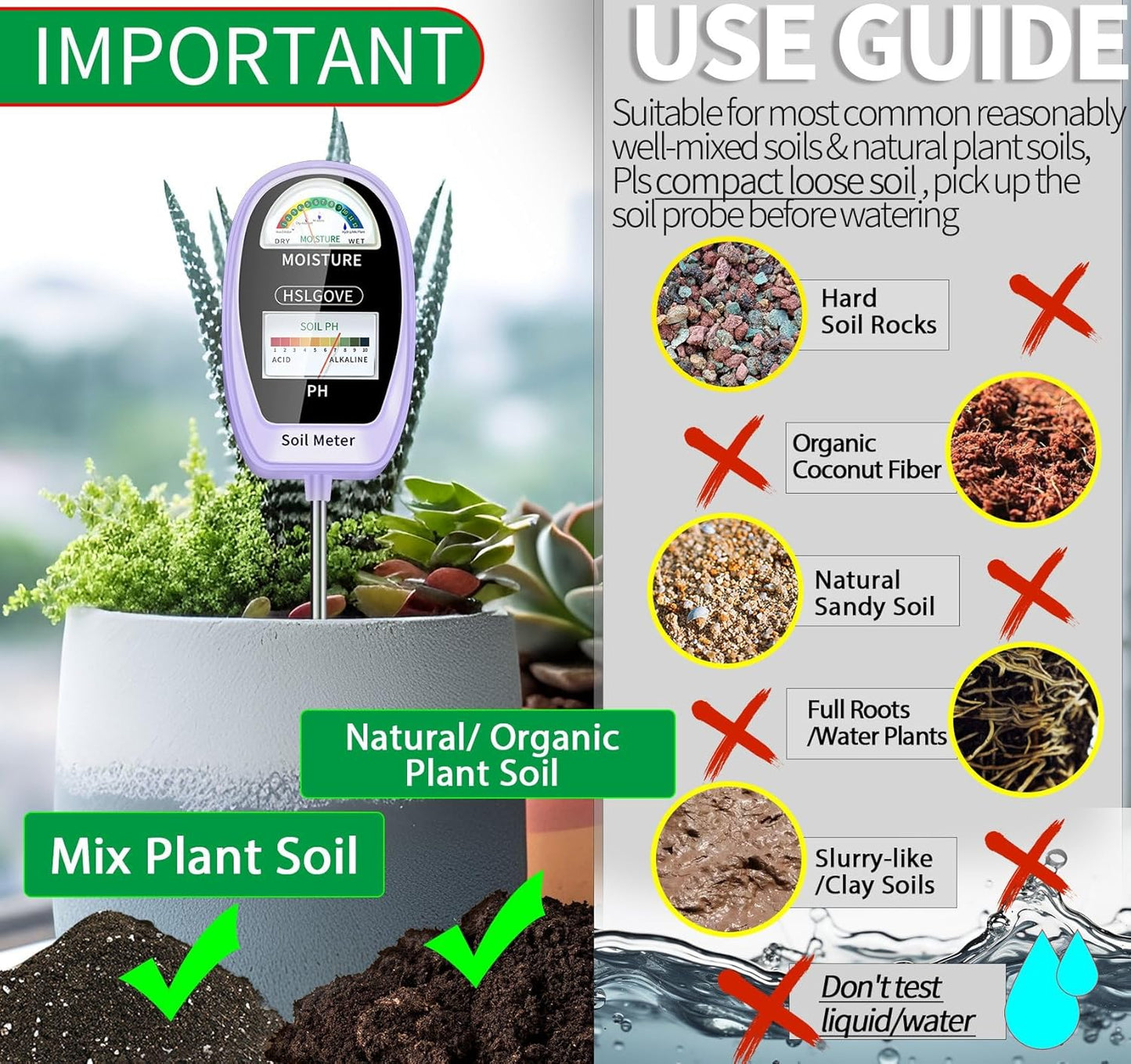 HSLGOVE Soil Test Kit, 2-in-1 Soil Moisture Meter/Soil PH Meter, Dual Screen Soil Tester, Soil Moisture Meter for Plants Watering/Gardening for Lawn,Farm Indoor&Outdoor Use-AgatePurple