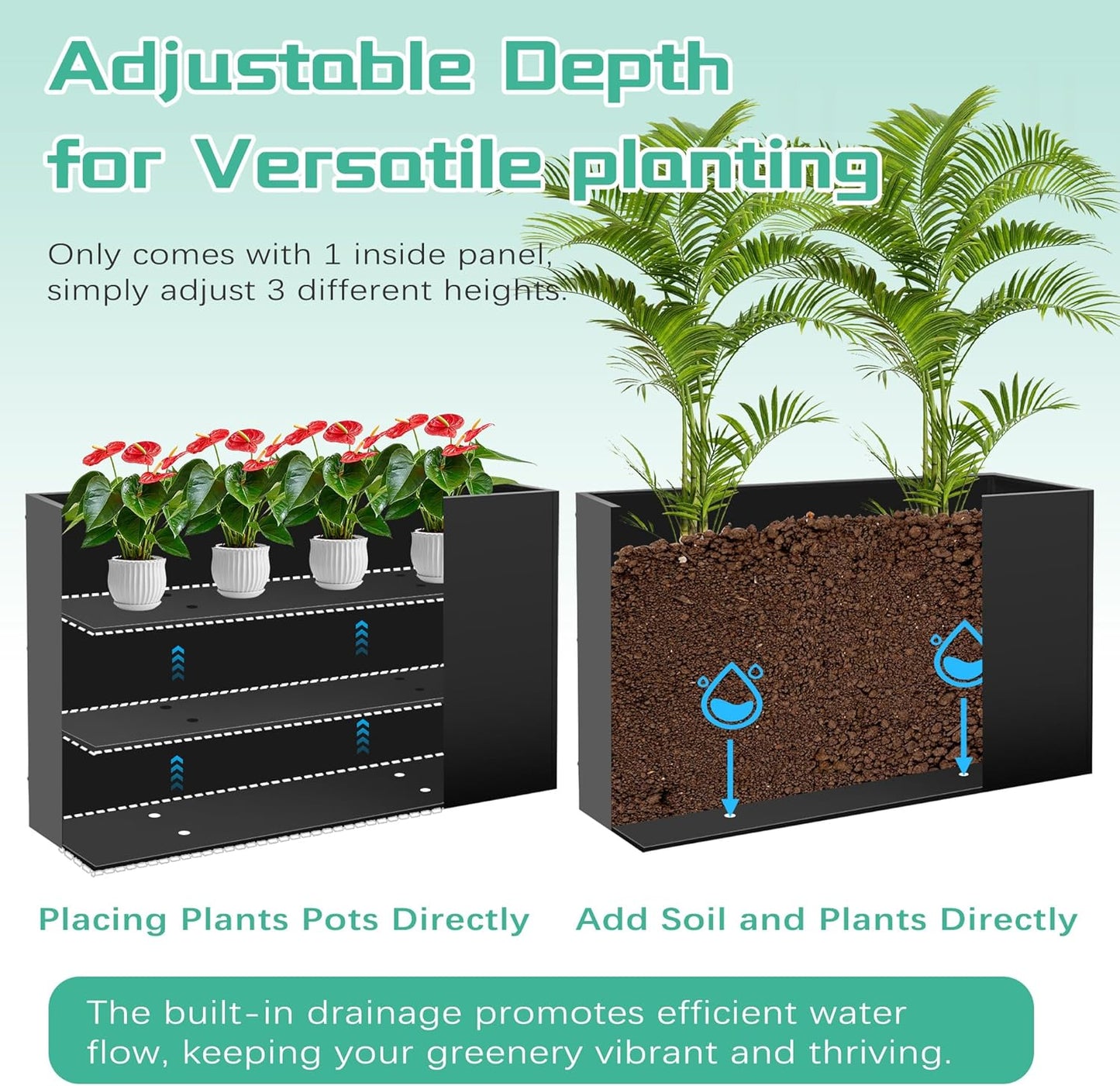 Metal Planter Box, Planter Boxes Outdoor Heavy Duty, Rectangular 3 Tier Adjustable Height Outdoor Planter, Galvanized Steel Plant Box, Garden Planter for Plants and Flowers, 38'' L x 16'' W x 20'' H