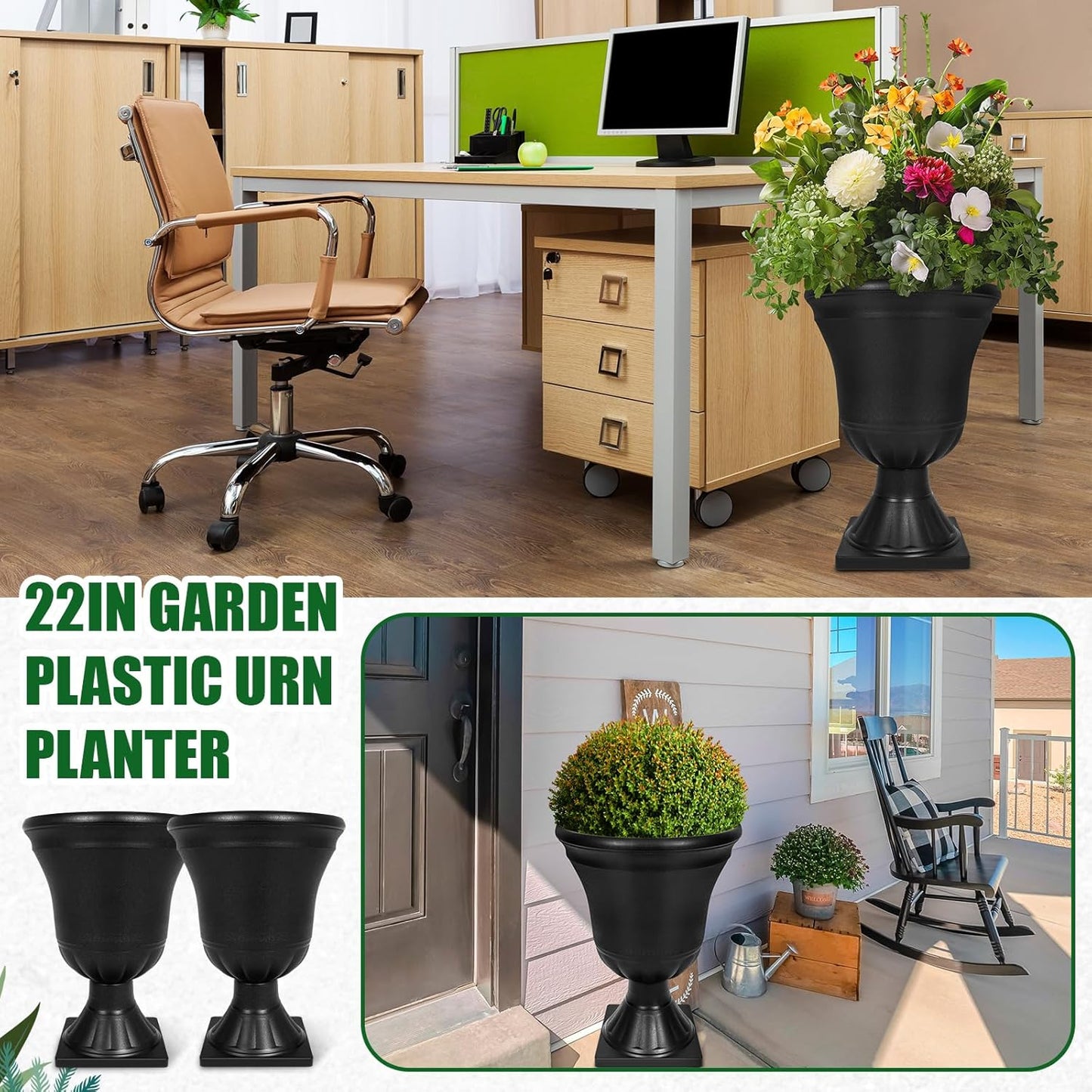 Dandat 4 Pack Large Outdoor Urn Planter 22 inch Tall Plastic Planter for Front Proch Classic Vase Decorative Garden Pot for Indoor Outdoor Door Patio Deck Decor(Black)