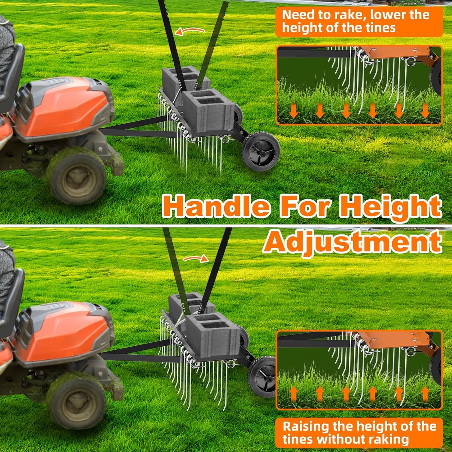 48" Tow Behind Lawn Dethatcher, Pull Behind Rake with 24 Rust-Proof Tines and Heavy Tires, Lawn Tractor Rake with Lift Handle, Black Tow Behind Rakes to Remove Thatch, Leaves from Large Lawn Area