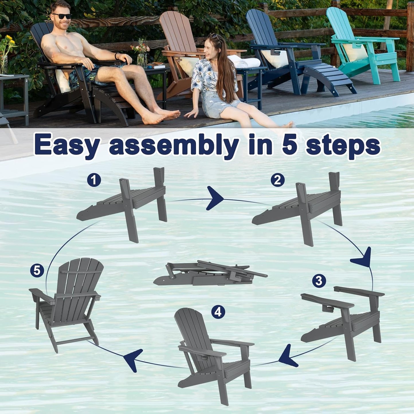 Folding Adirondack Chair - Extended Ergonomic Backrest, Cup Holder - Easy Assembly - Durable HDPE Plastic, Weather Resistant & Maintenance-Free - Lawn, Patio, Deck Supports 400lbs Grey