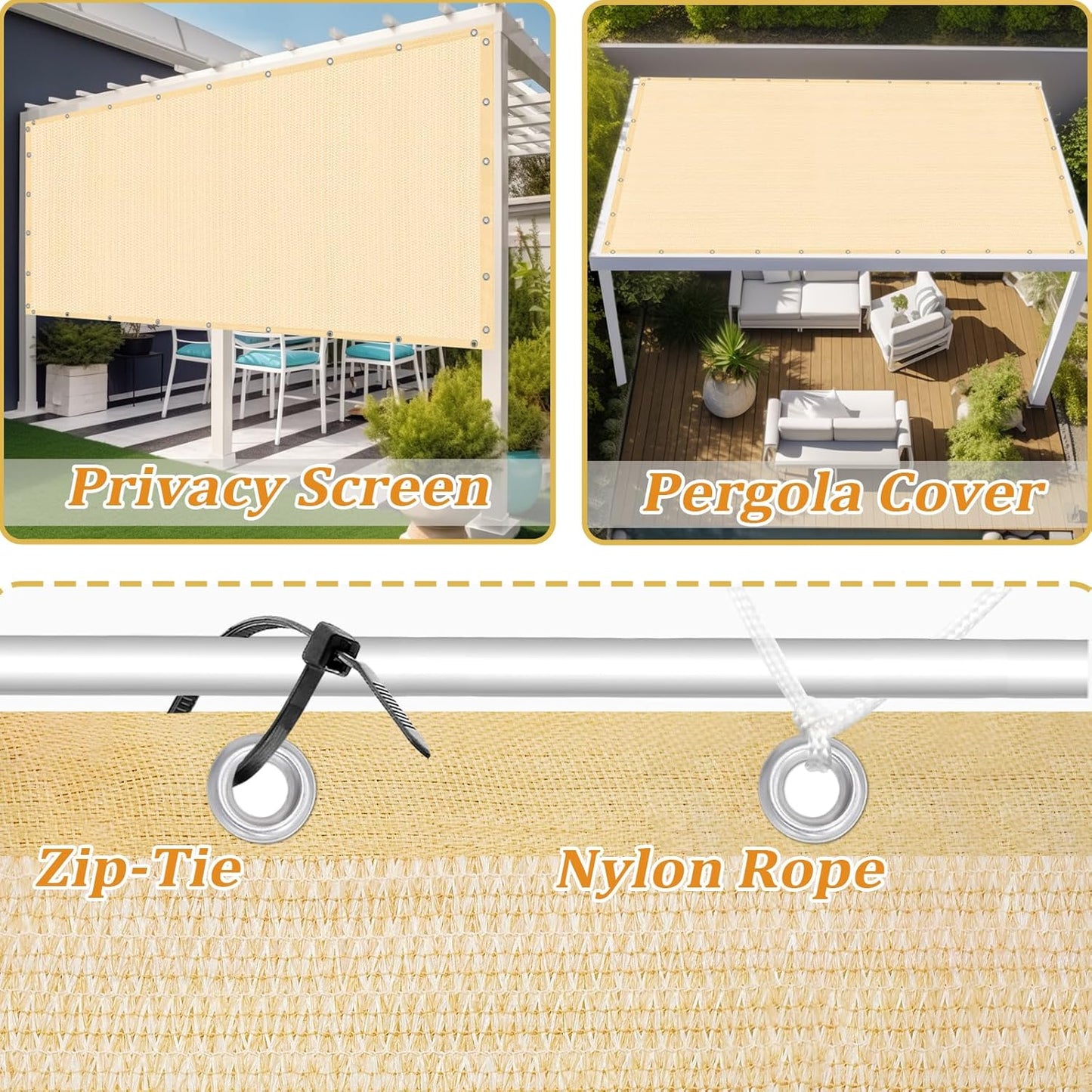 Shade&Beyond Customized Size 90% Sun Shade Cloth with Grommets, 10' X 24' Pergola Shade Cover Canopy, Mesh Tarp Sun Screens for Patio, Outdoor, Garden, Backyard GN01, Wheat