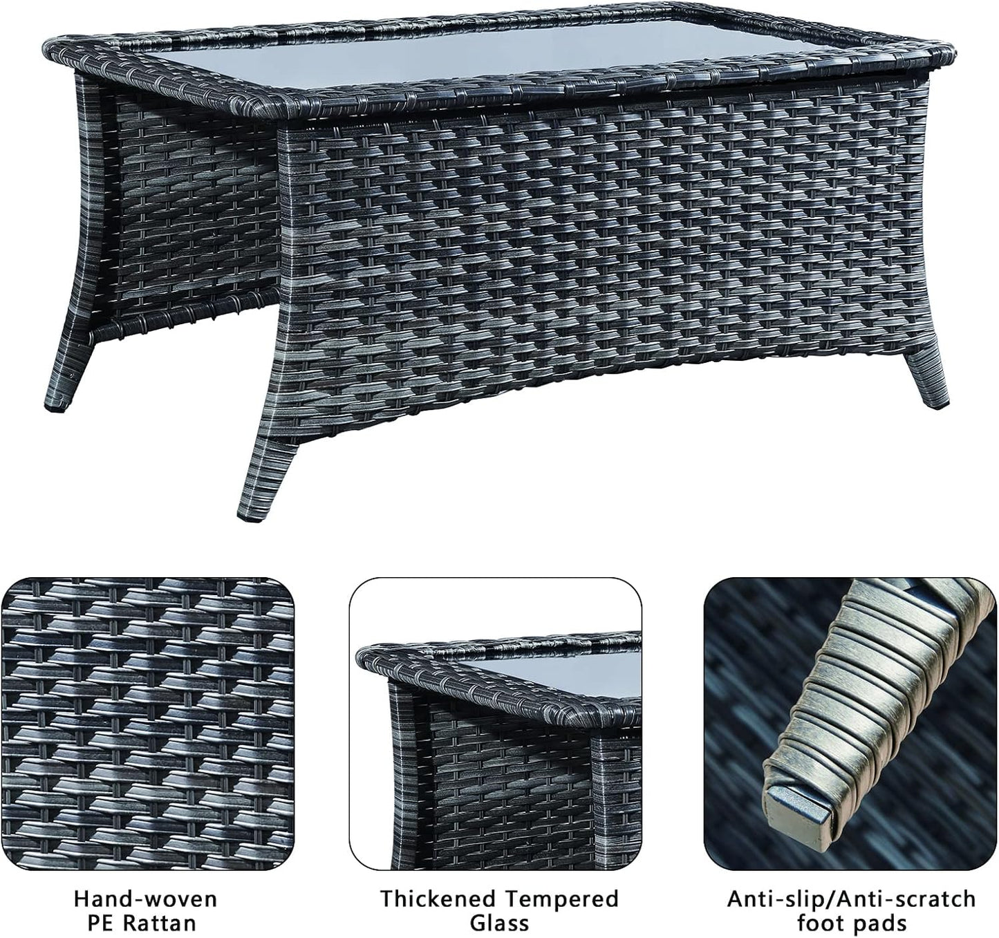 Patio Tables Wicker Coffee Table - Outdoor Rattan Coffee Tables with Glass Top for Patio Proch Deck Balcony Rectangle Mixed Grey