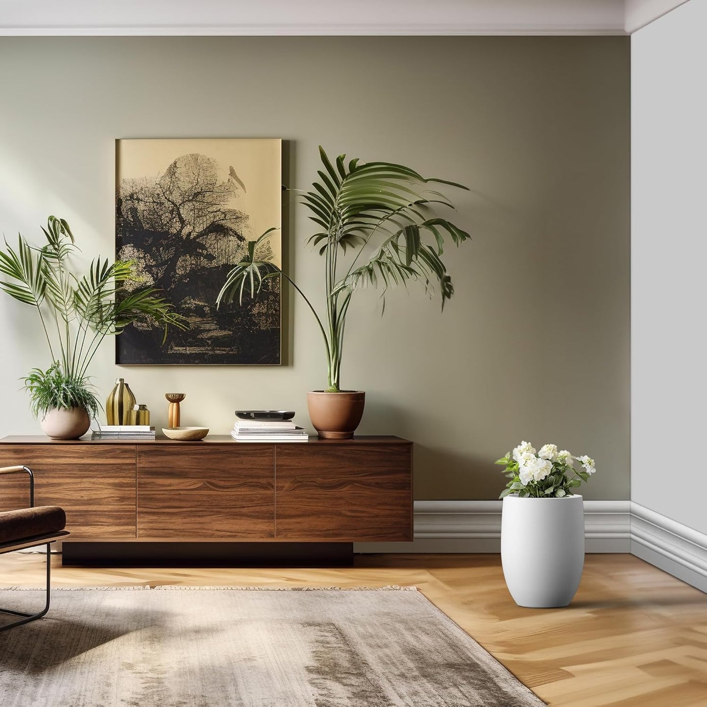 Kante 16.5 Inch Tall Concrete Planter, Large Indoor Outdoor Plant Pot with Drainage, Smooth White Finish with Aqua Blue Interior, Ideal for Porch, Home, Garden, Patio