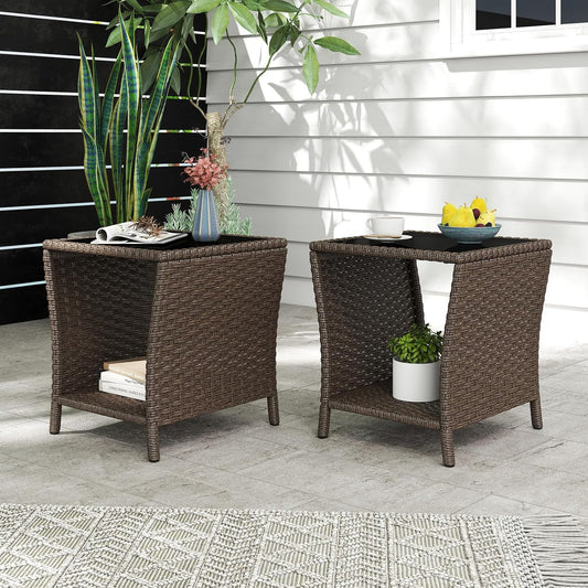 Outdoor Small Patio Table - PE Rattan Coffee Table, Wicker Side Table for Patio, Balcony & Porch, Durable & Iron Frame (2, Dark Brown)