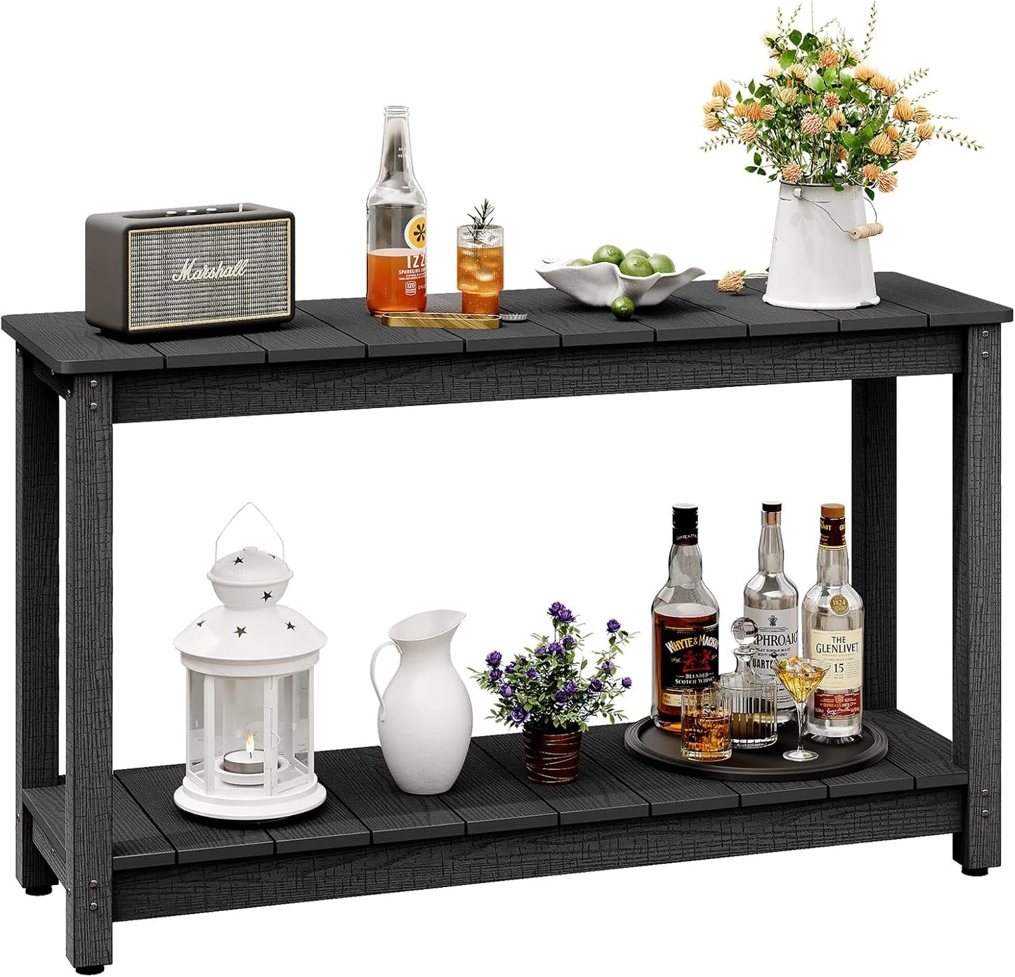 Outdoor Console Table, 48" Weather Resistant HIPS Patio Side Table, 440LBS Weight Capacity, 2-Tier Multifunctional Buffet Bar Storage Organizer for Garden Deck, Black